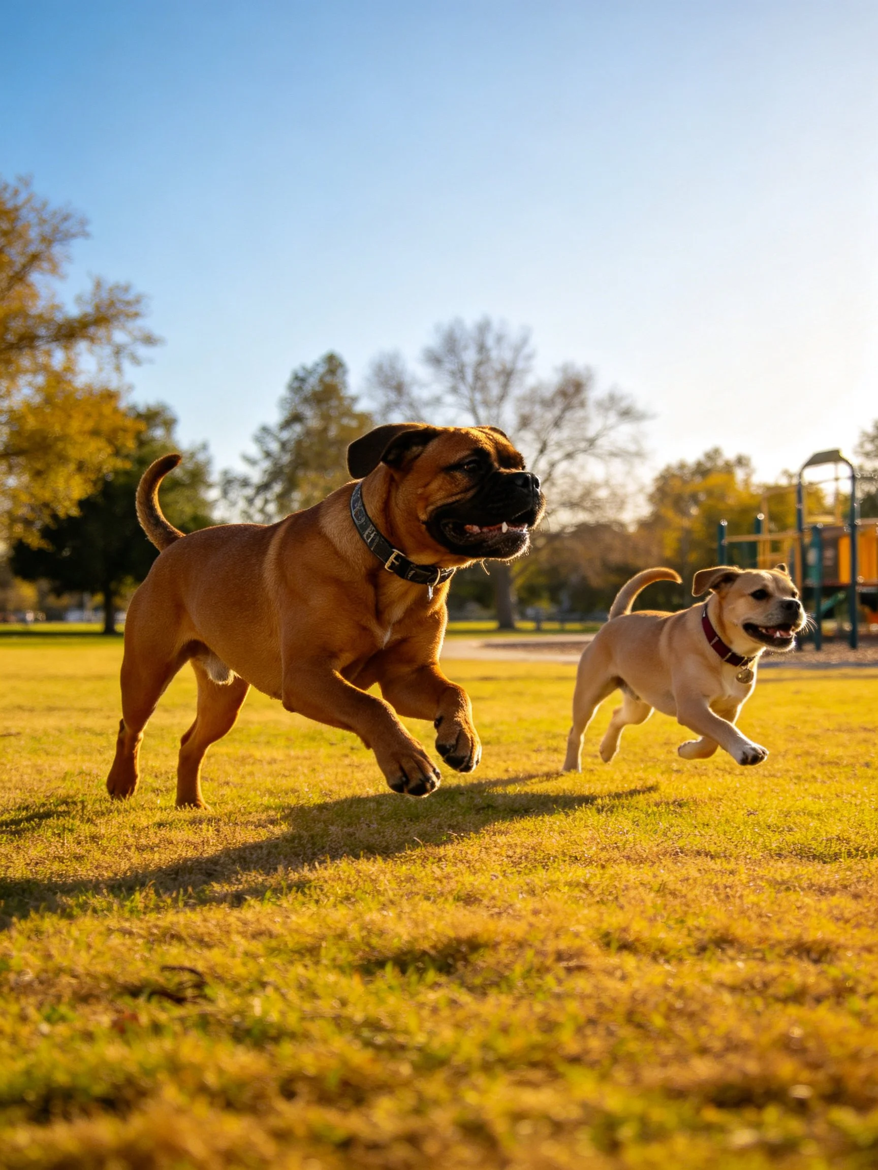Two dogs, one brown, one tan, sprint on golden grass in sunny park