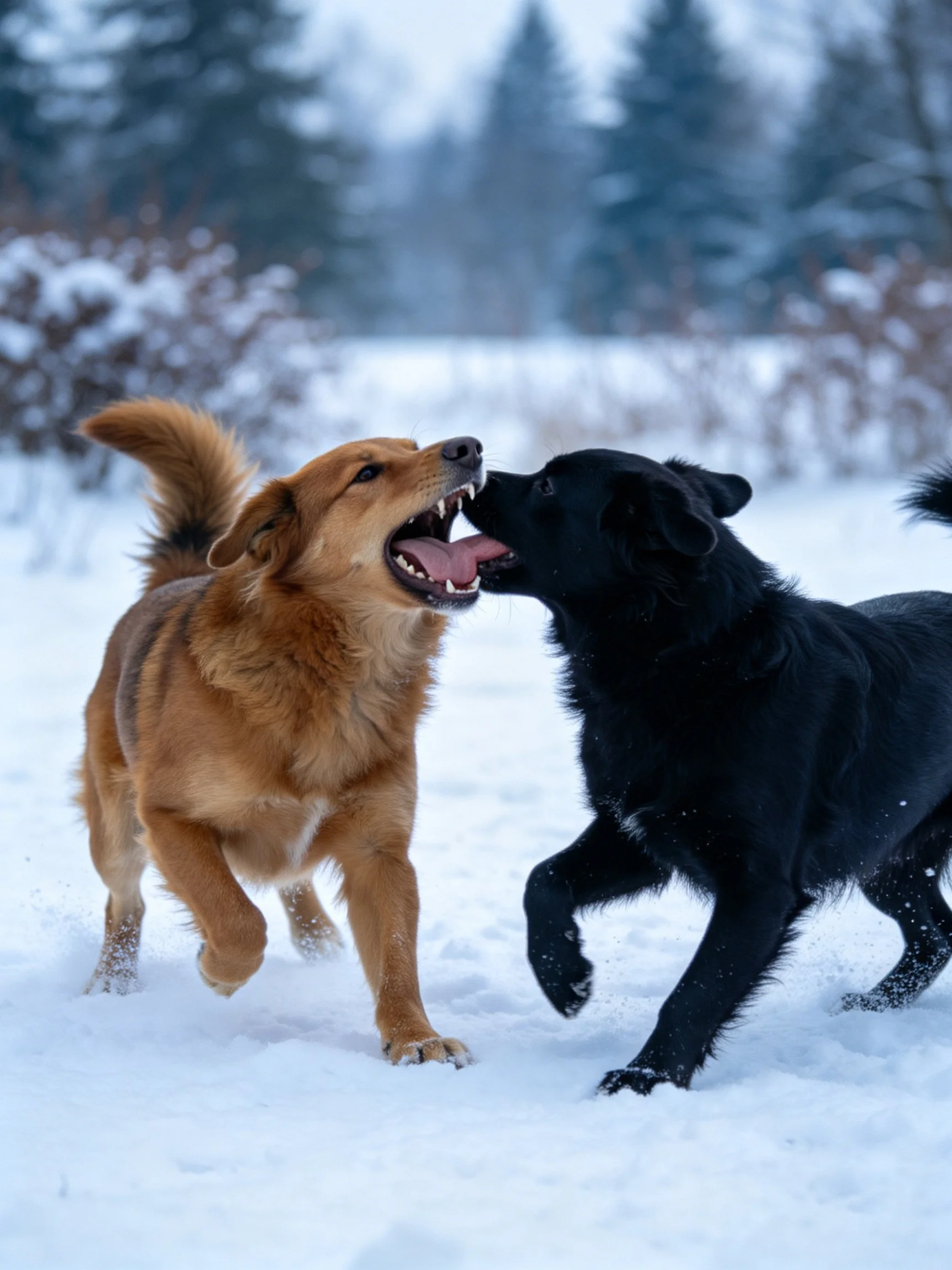 Two dogs playfully interact in a snowy outdoor setting.