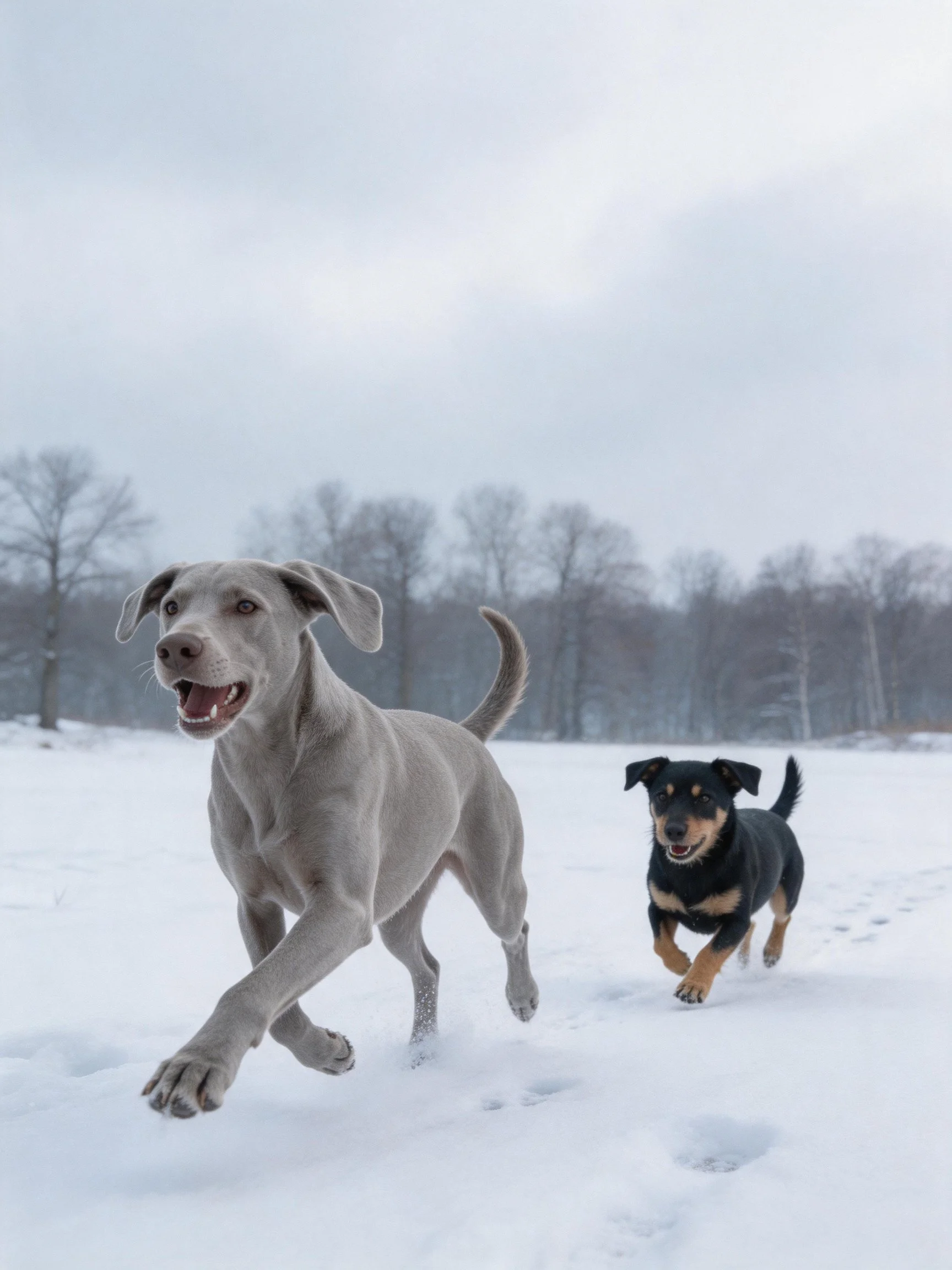 Two dogs, one gray and one black with tan, run together in a snowy outdoor landscape.