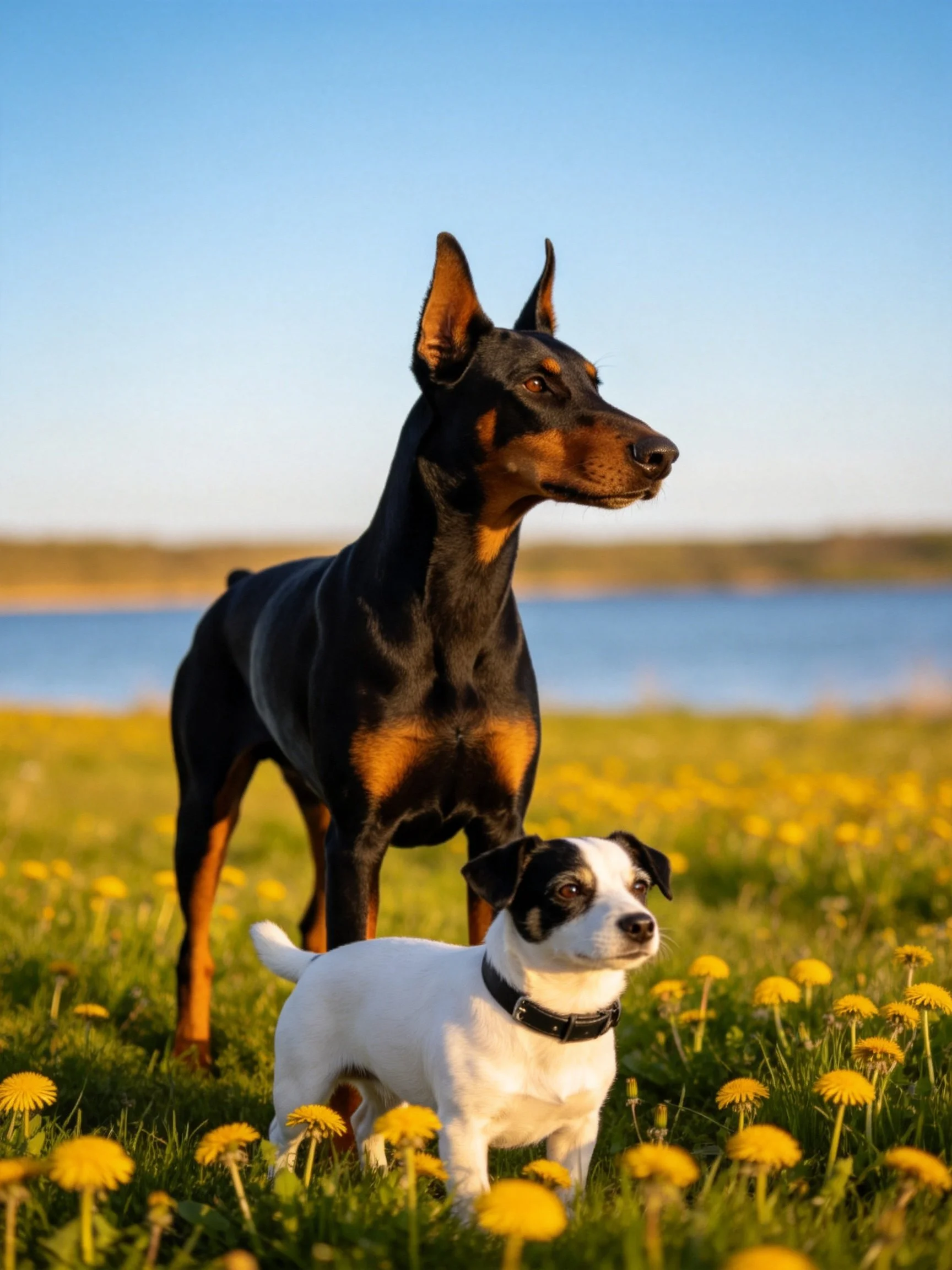 Two dogs, one large black-tan, one small white-black, in a field of yellow flowers by a lake