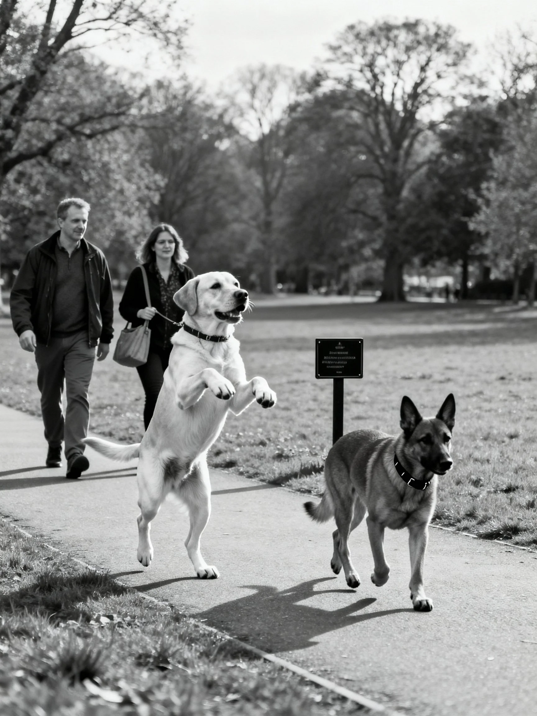 Two dogs—one leaping, one trotting—walk alongside pedestrians in a tree-lined park.