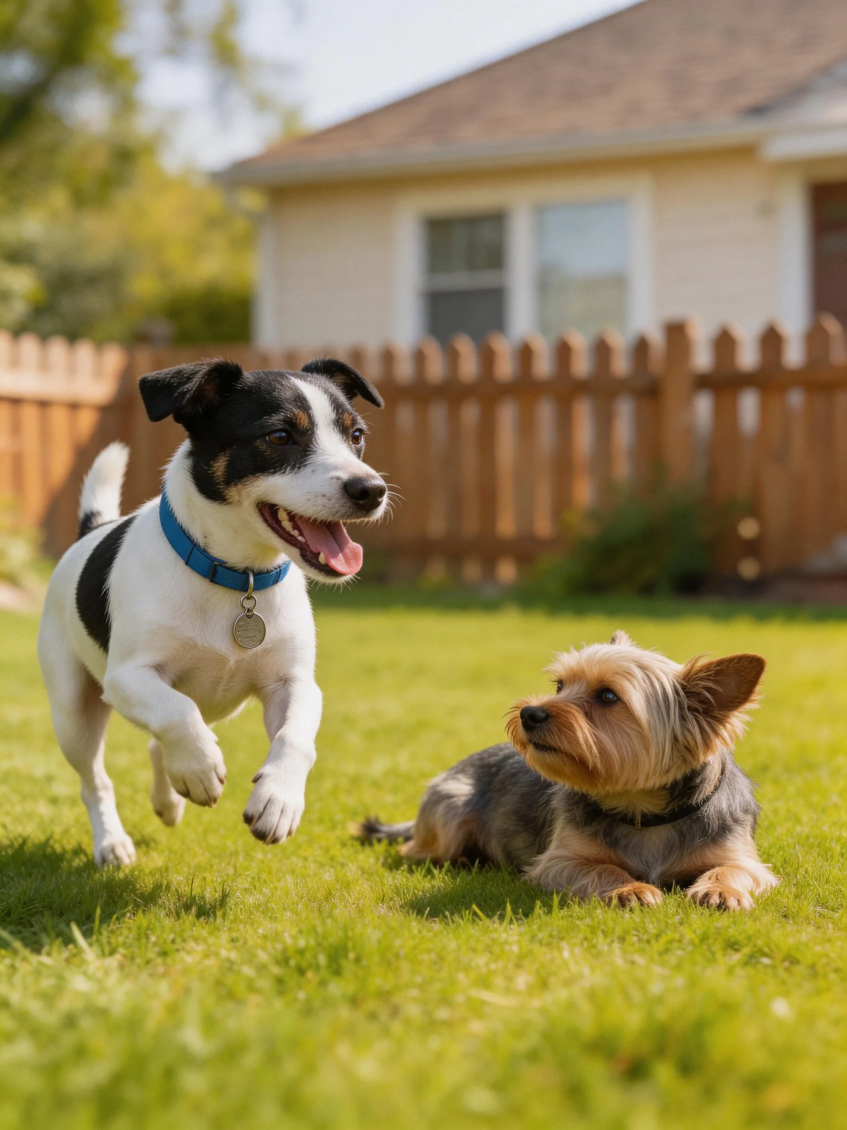 Two dogs, one running, one resting, in a sunny backyard with a wooden fence