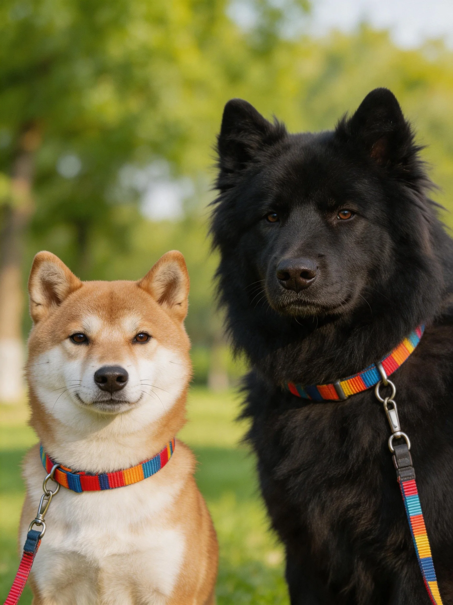 Two dogs, one tan Shiba Inu and one black fluffy dog, wear matching colorful collars outdoors.