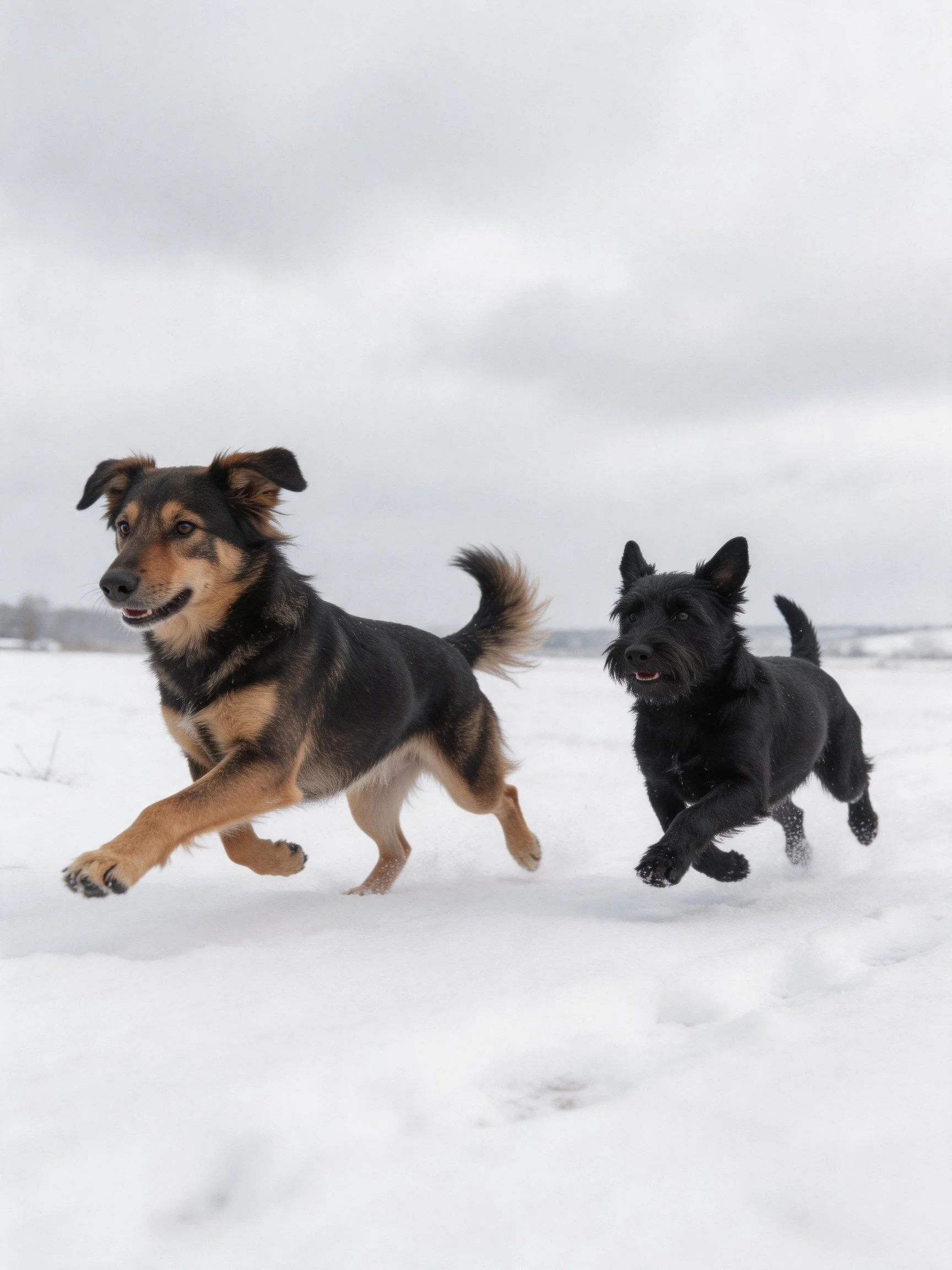 Two dogs of different colors run through snow together.