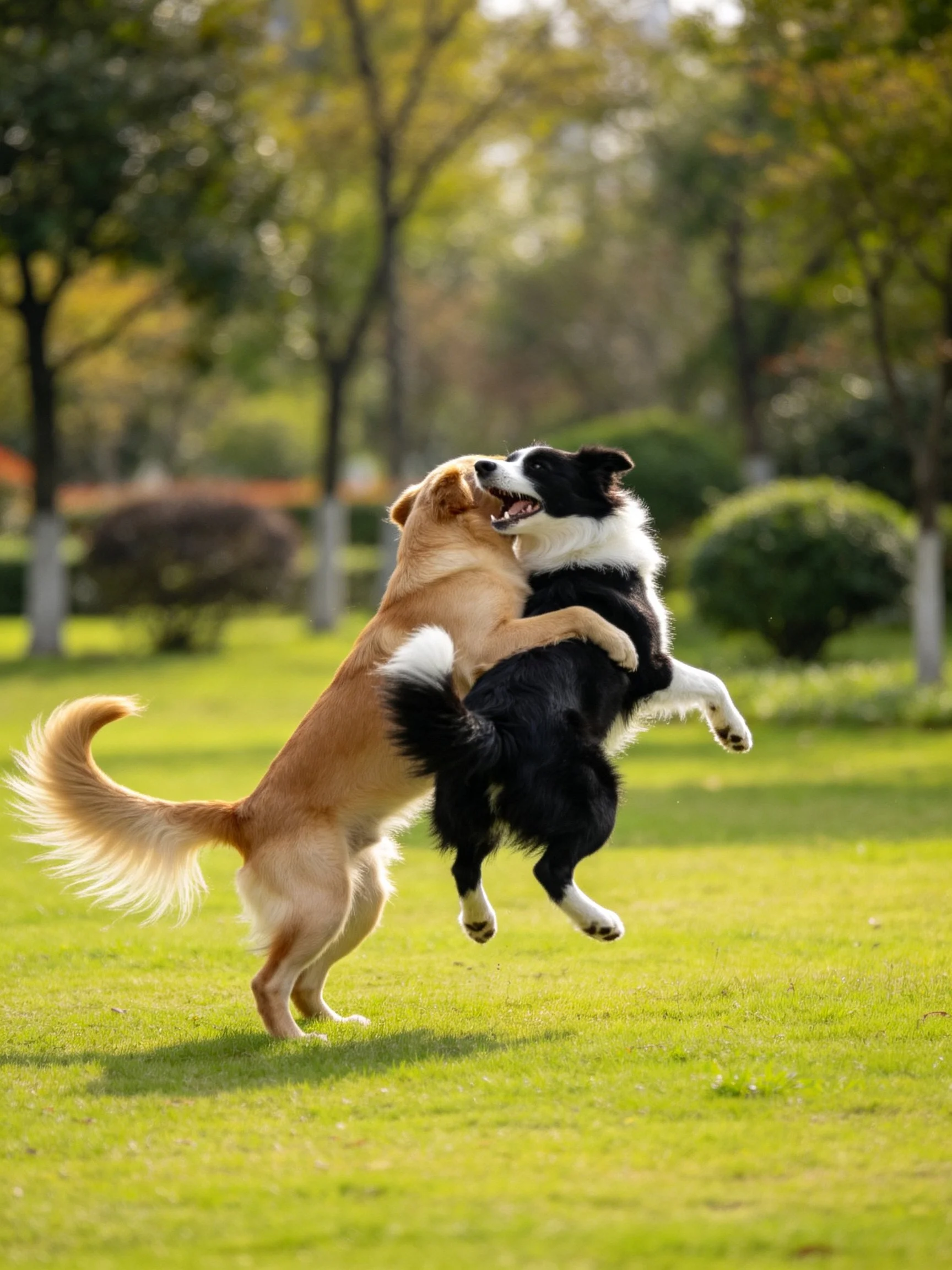 Two dogs playfully interact on a sunny lawn.