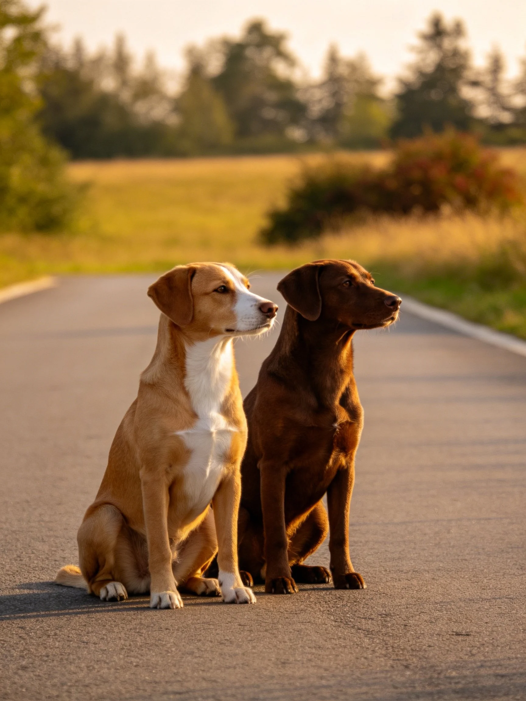 Two dogs, one tan and white, one chocolate brown, sit on a paved road