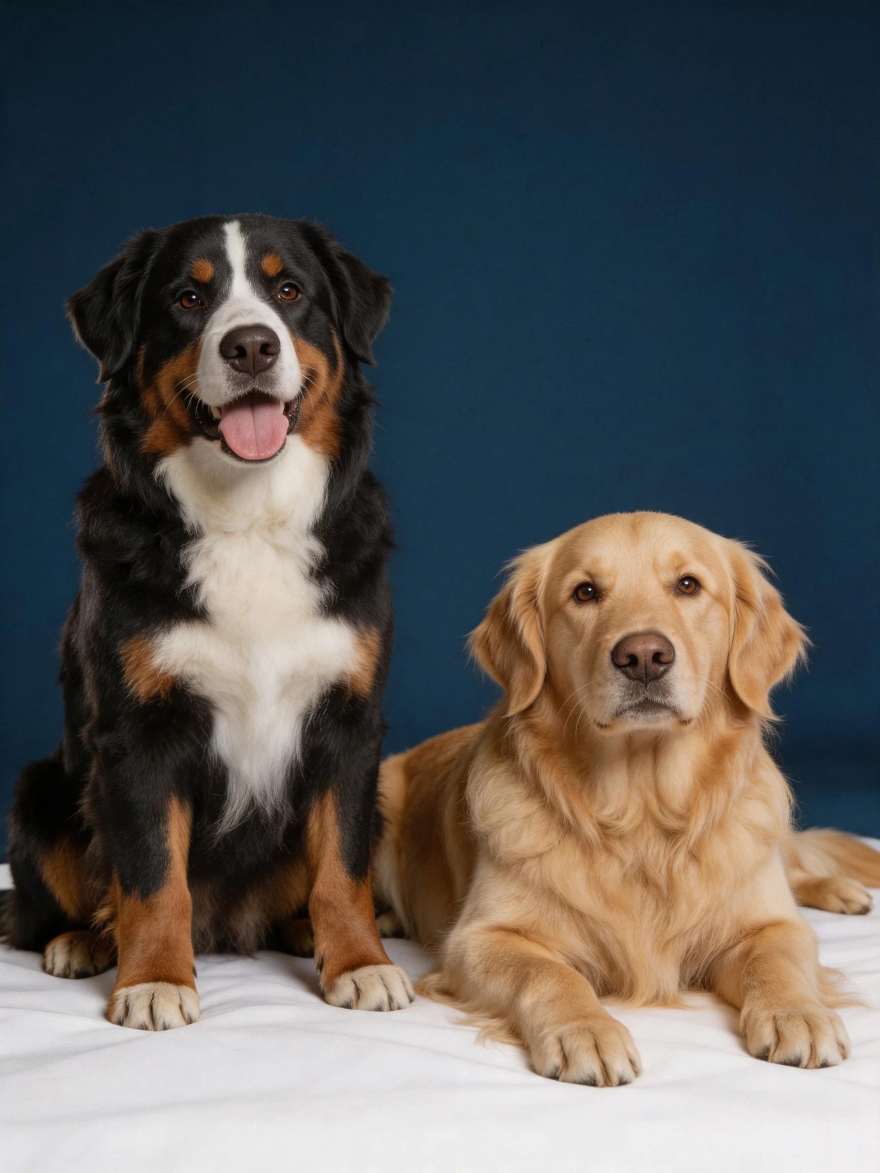 Two dogs rest together on a white surface with a dark blue backdrop