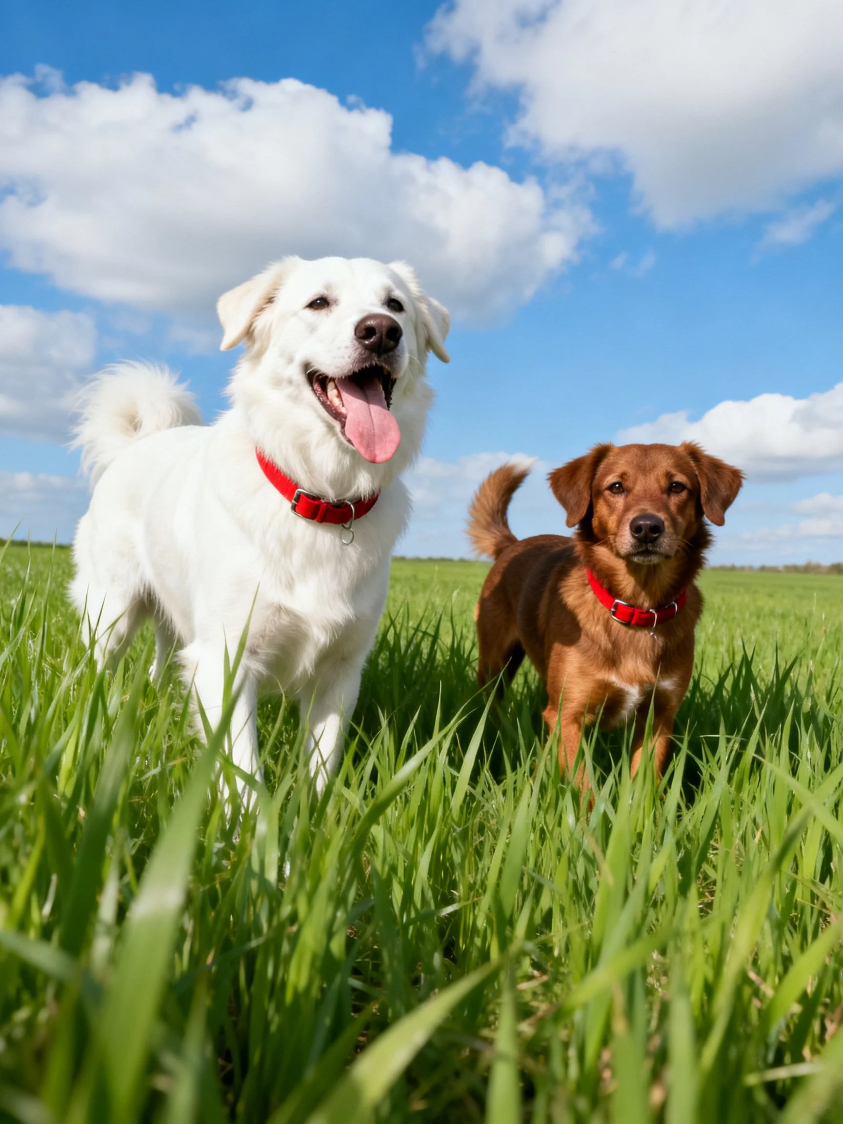 Two dogs of different colors relax in a sunny grassy field.