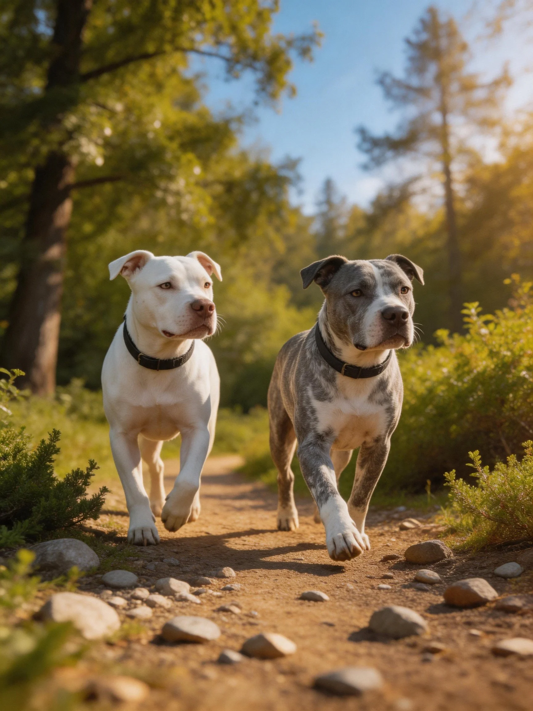 Two dogs, one white, one brindle, run along a sunlit forest path