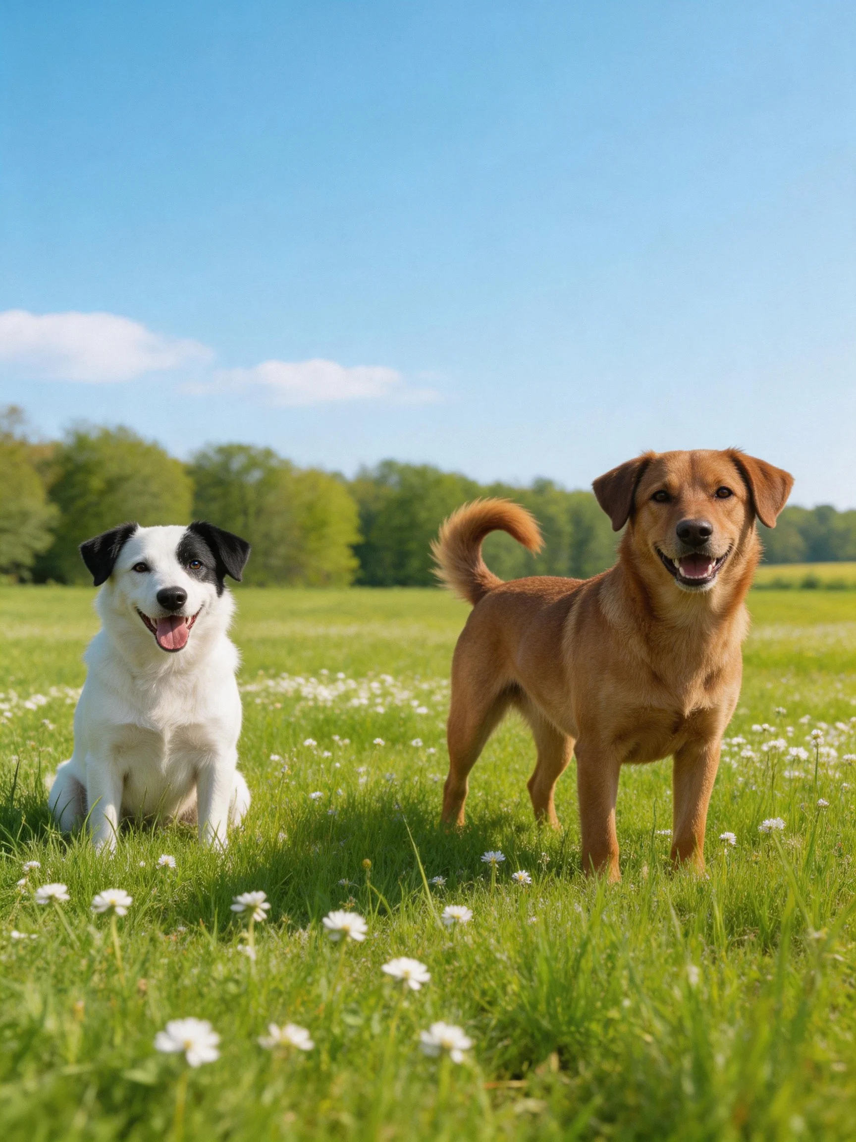 Two dogs relax together in a sunny, flower-filled grassy area.