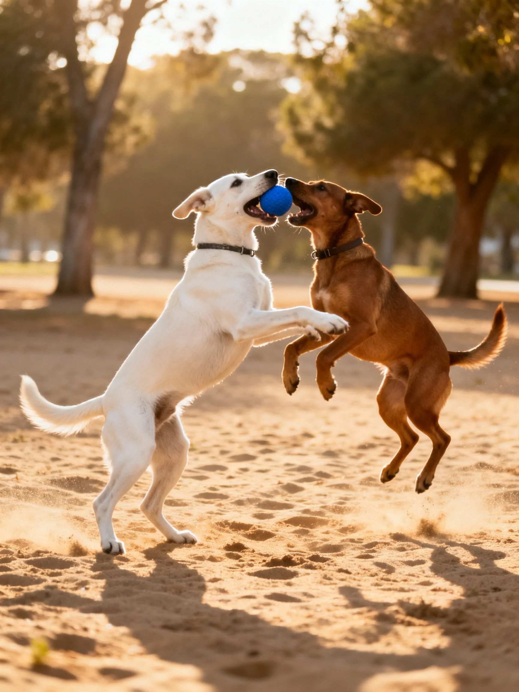 Two dogs battle for control of a blue ball in a sunlit sandy area.