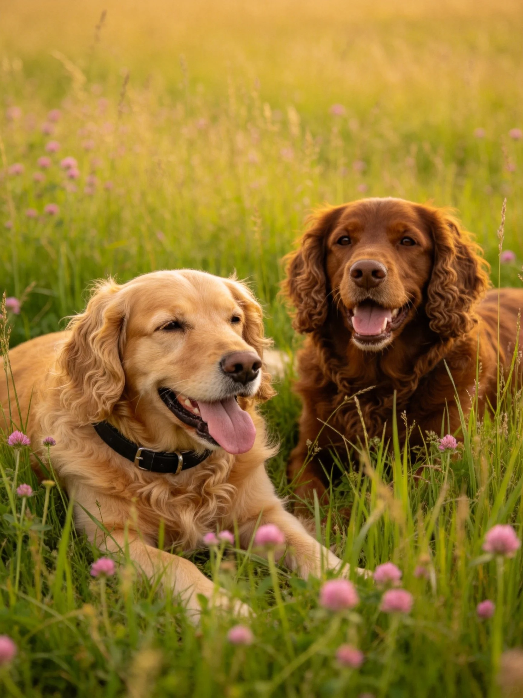 Two content dogs relax beside each other in a grassy field with flowers