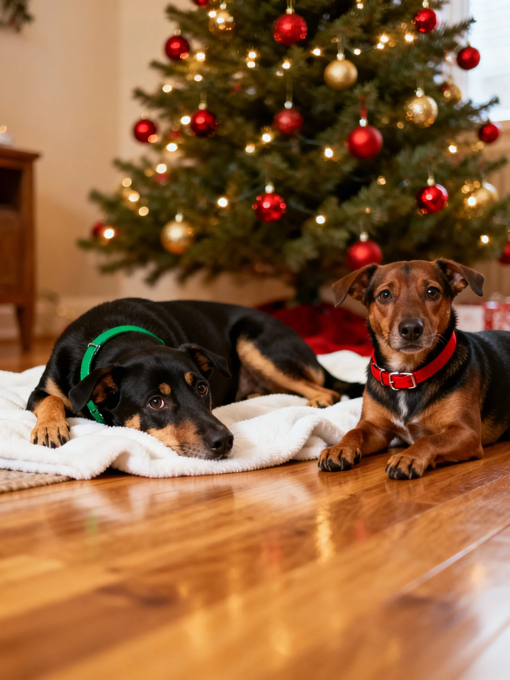 Two dogs relax beside a festively decorated Christmas tree indoors.