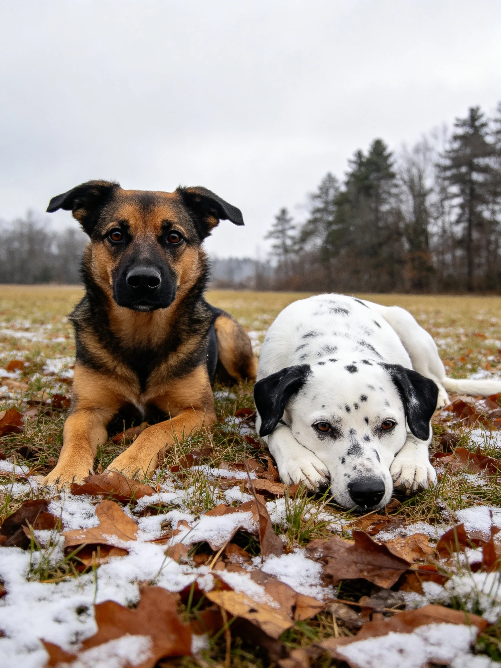 Two dogs rest on a leaf-covered, snow-speckled field near trees