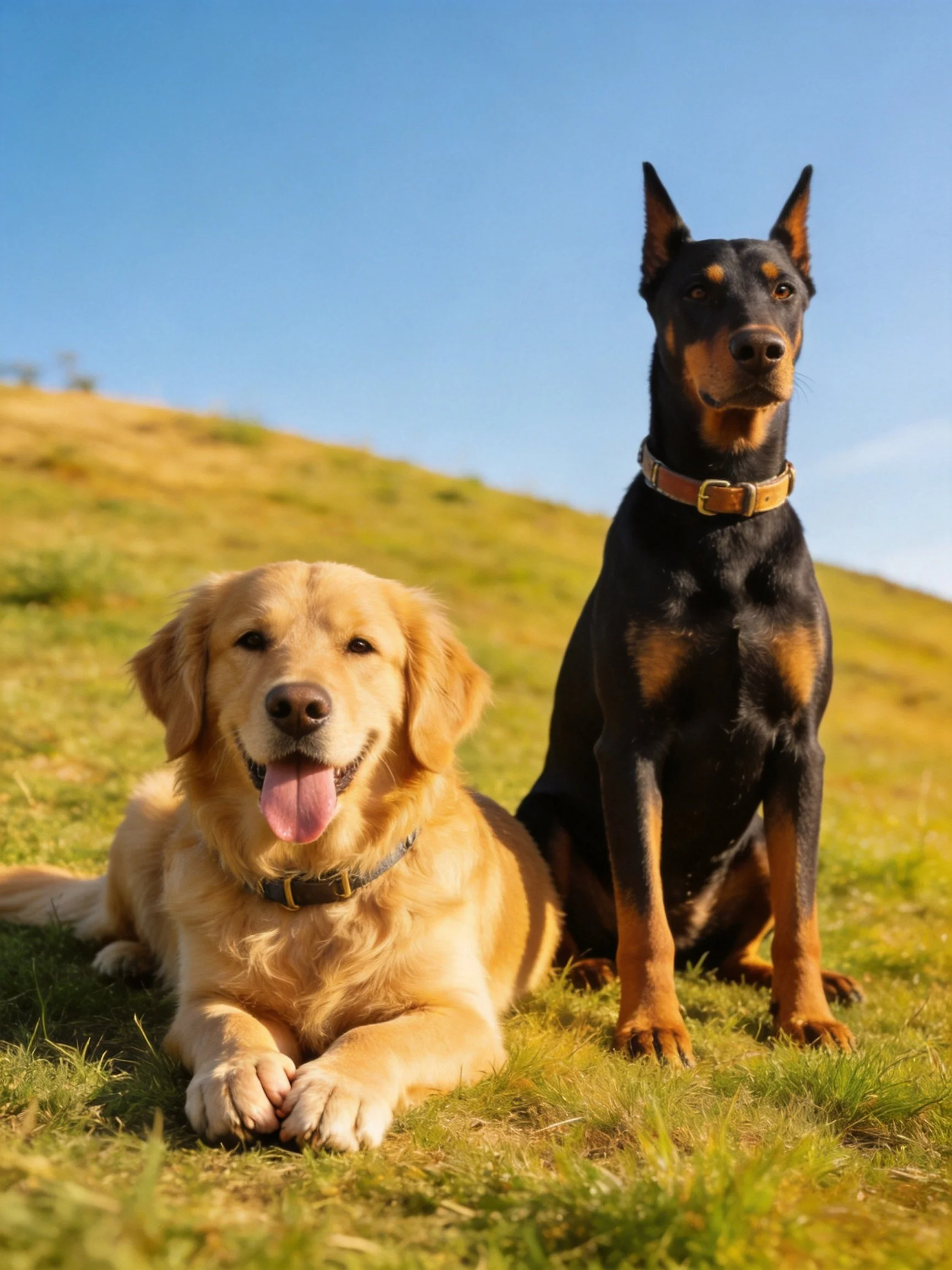 Two dogs relax together on a sunny grassy hill.