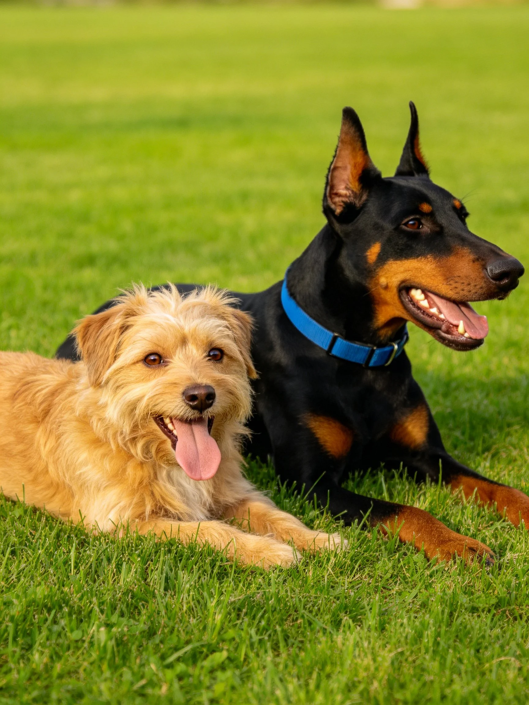 Two dogs relax together on a grassy field.