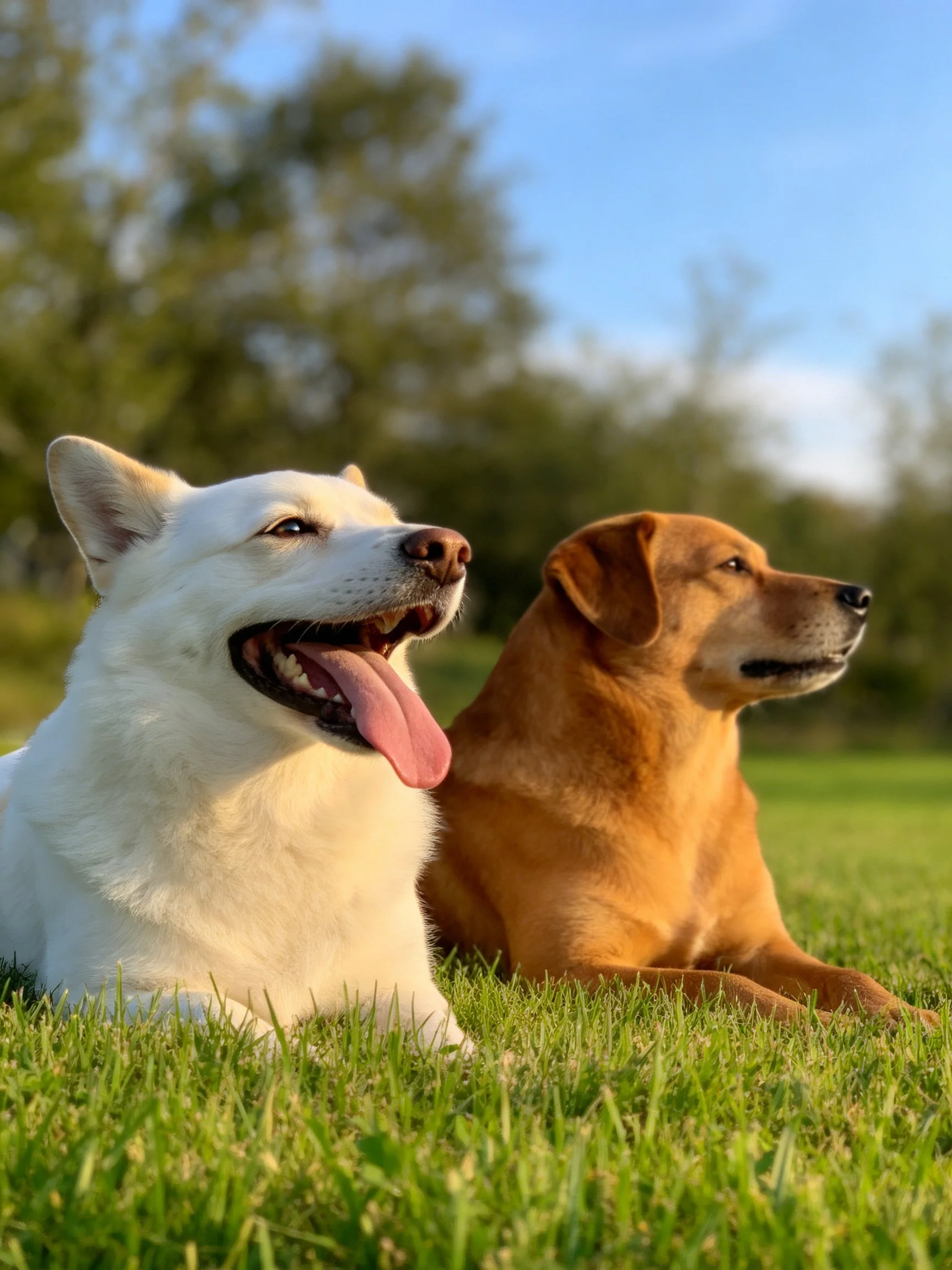 Two dogs relax together on grass during a sunny day outdoors.