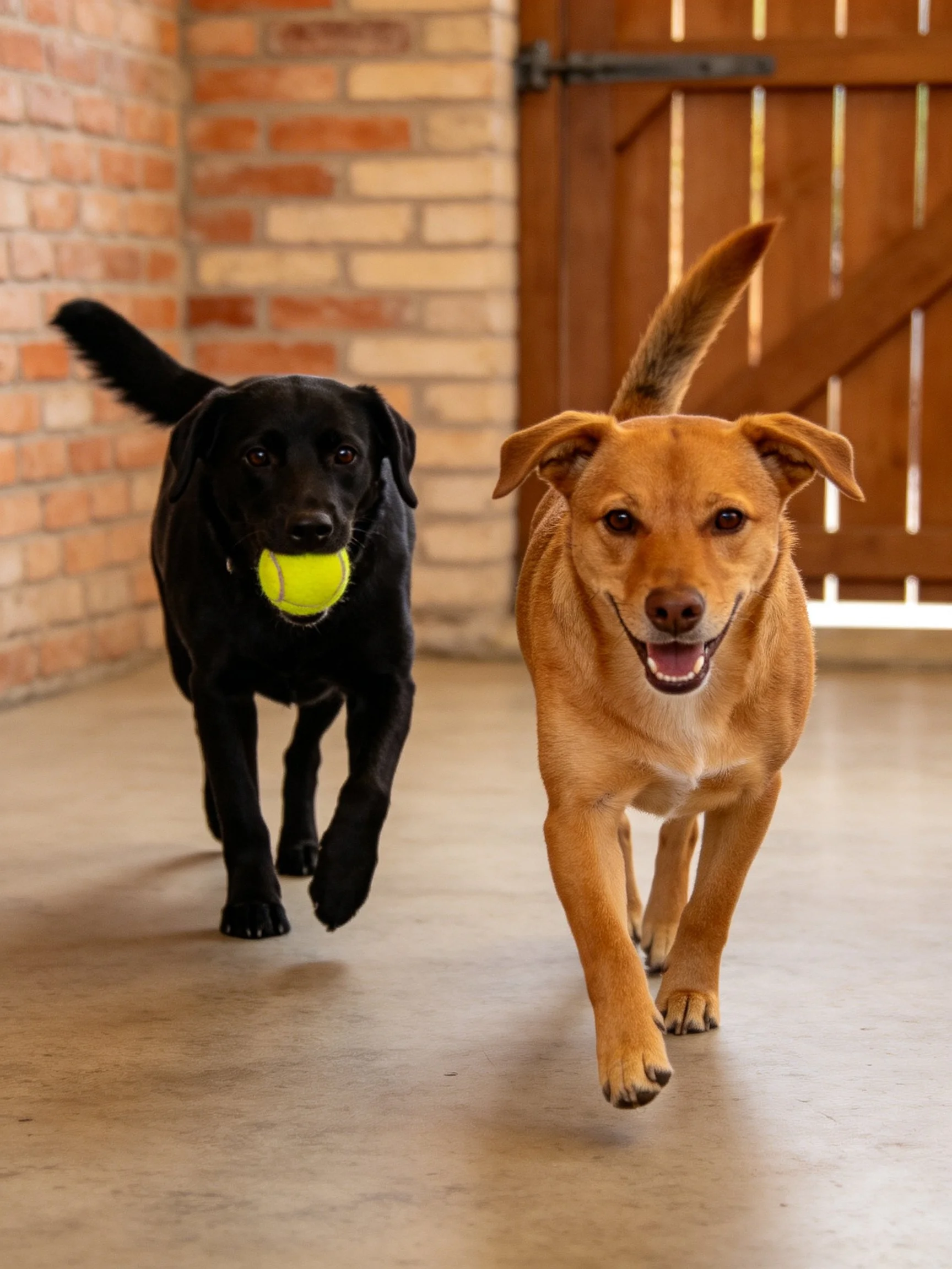 A black dog carries a tennis ball while running beside a smiling tan dog near a brick structure.