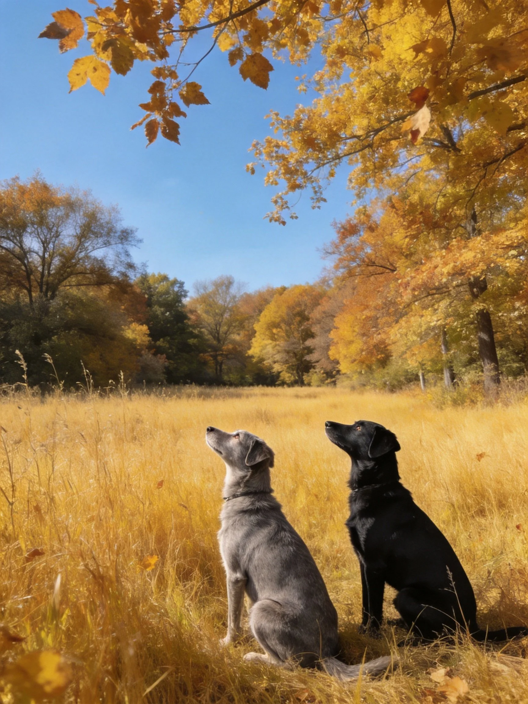 Two dogs look upward in a sunlit autumn landscape with golden grass and colorful trees