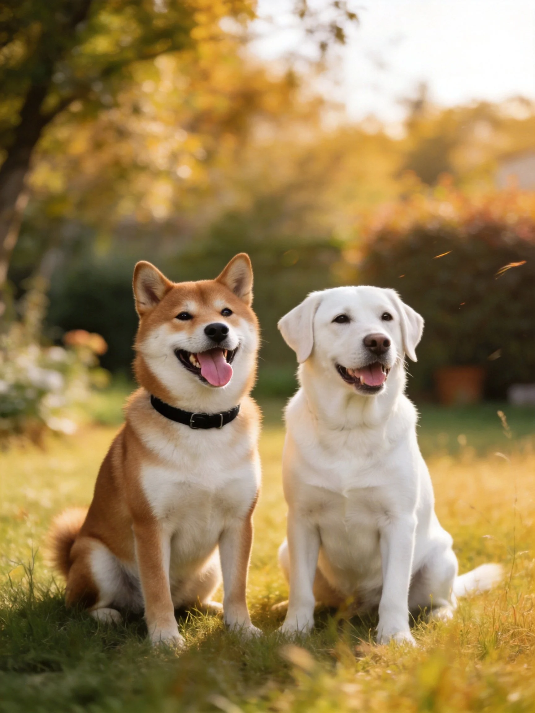Two dogs sit contentedly on sunlit grass amid golden foliage