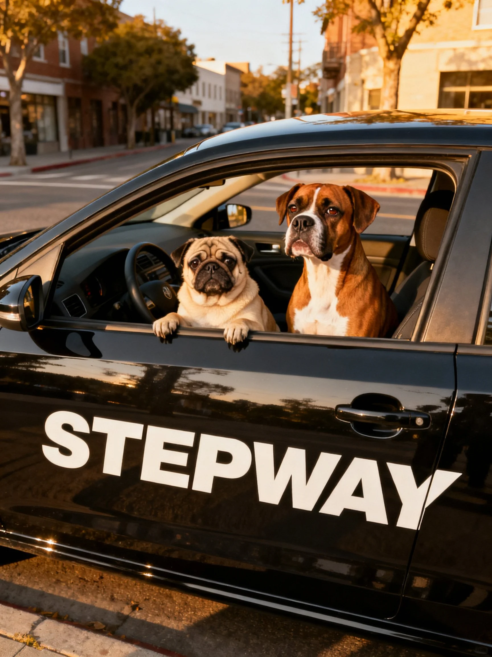 Two dogs sit inside a black STEPWAY car on a street