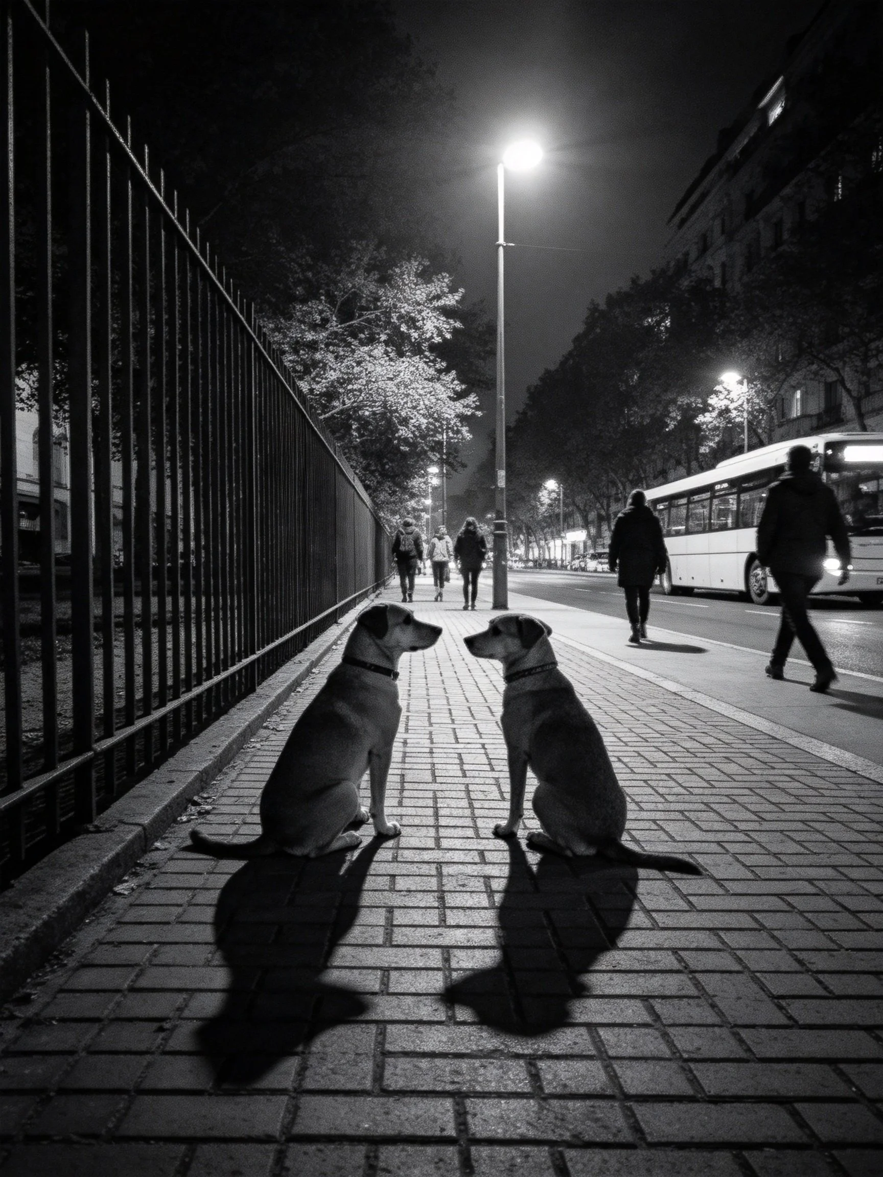 Two dogs sit facing each other on a sidewalk as pedestrians pass under streetlights