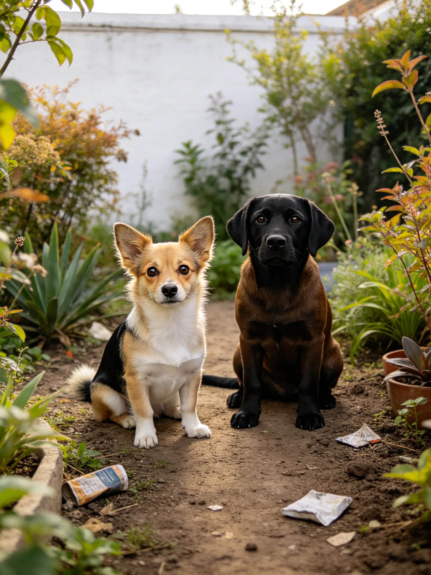 Two dogs sit together on a garden path near plants and litter