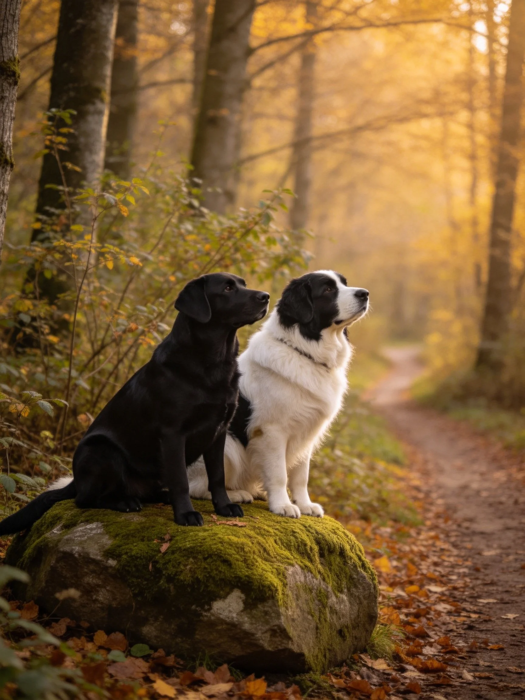 Two dogs sit on a mossy rock beside a forest trail in autumn.