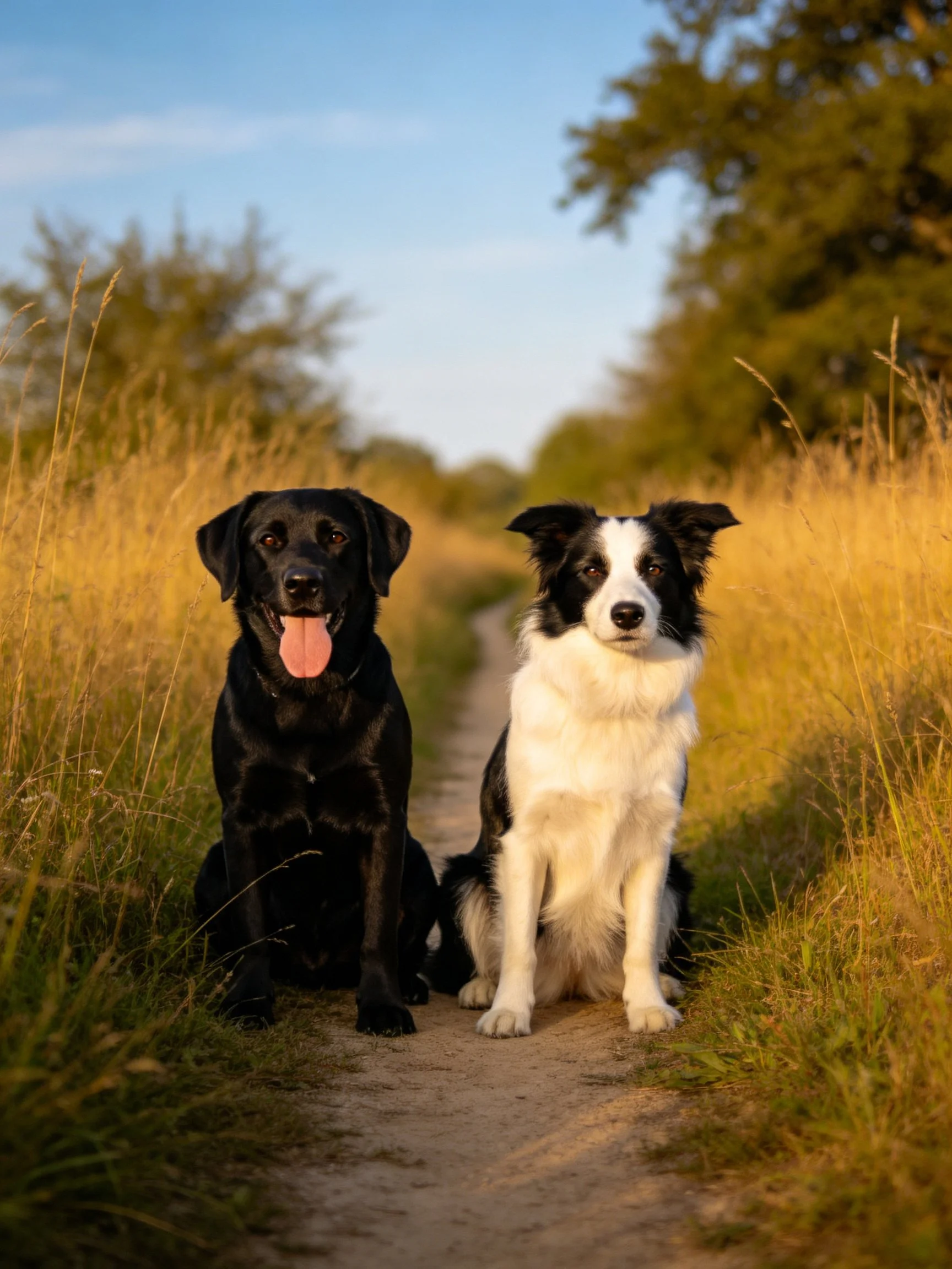 Two dogs sit together on a sunlit dirt path surrounded by tall grass