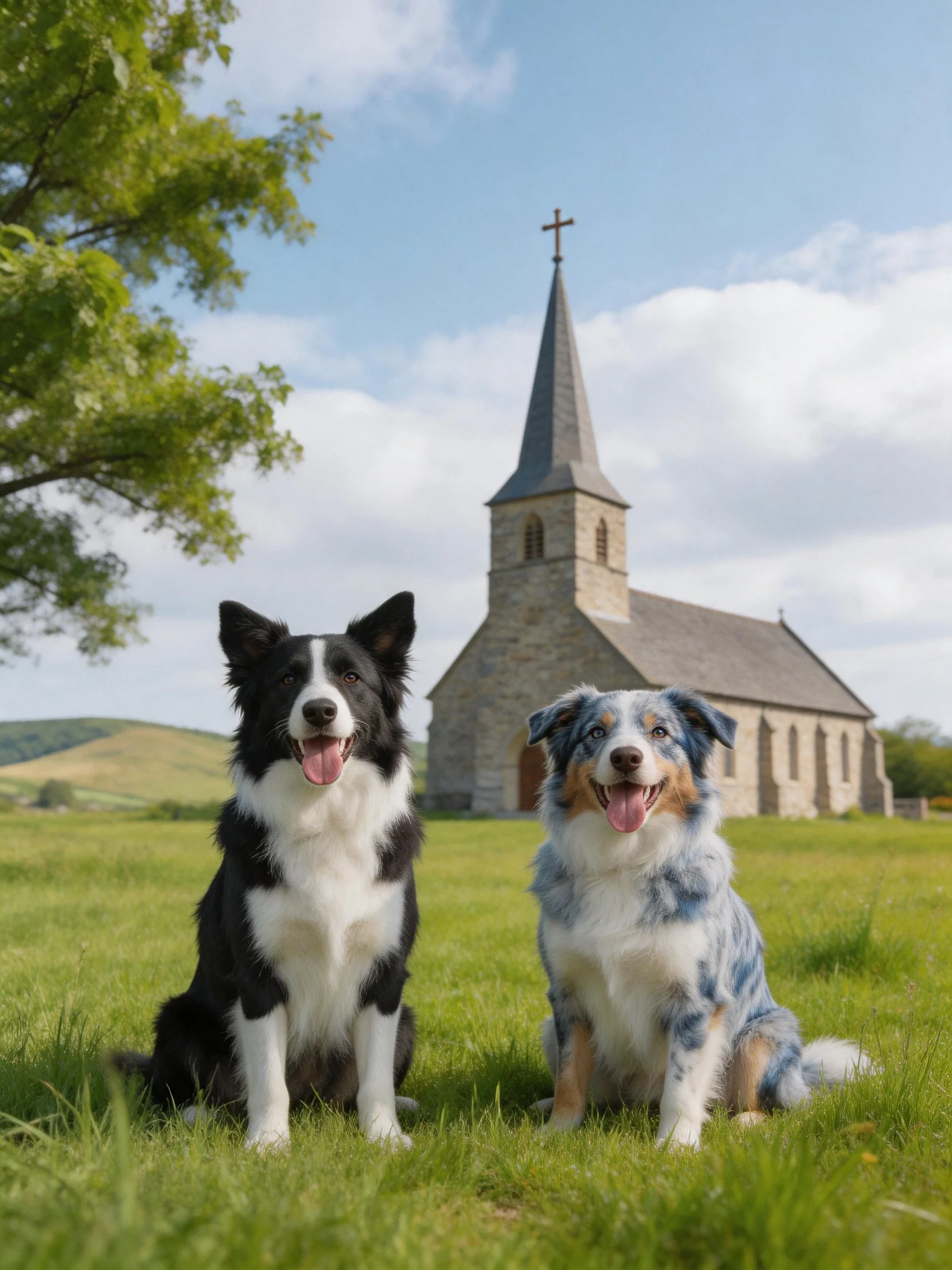 Two dogs sit on grass beside a stone church with a tall spire