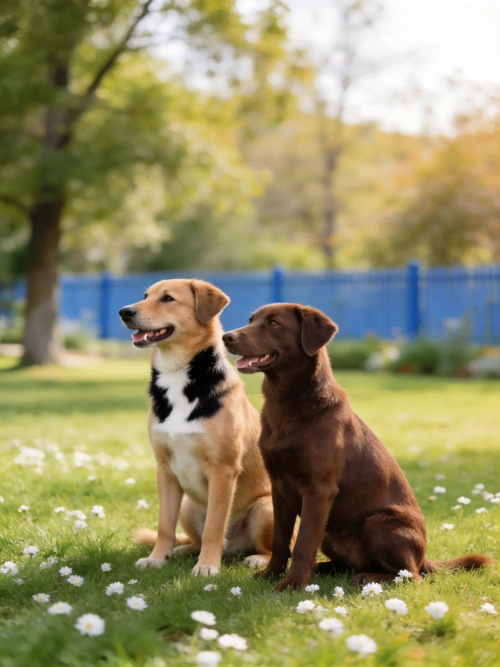 Two dogs sit on grass near a blue fence in a sunny outdoor area.