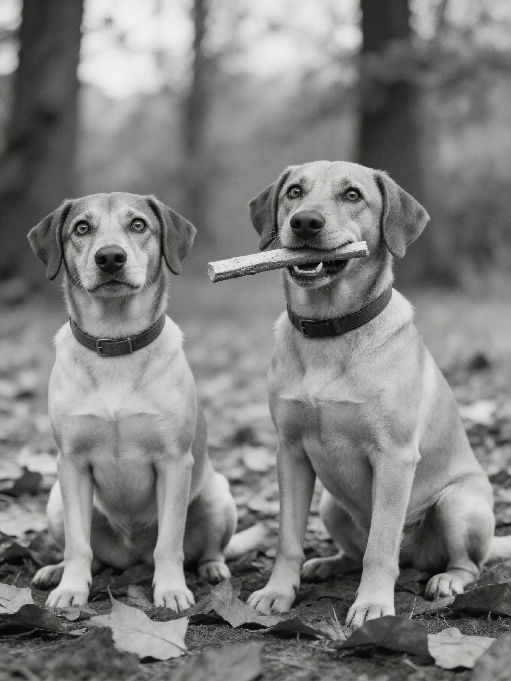 Two dogs sit on leafy ground; one carries a wooden stick
