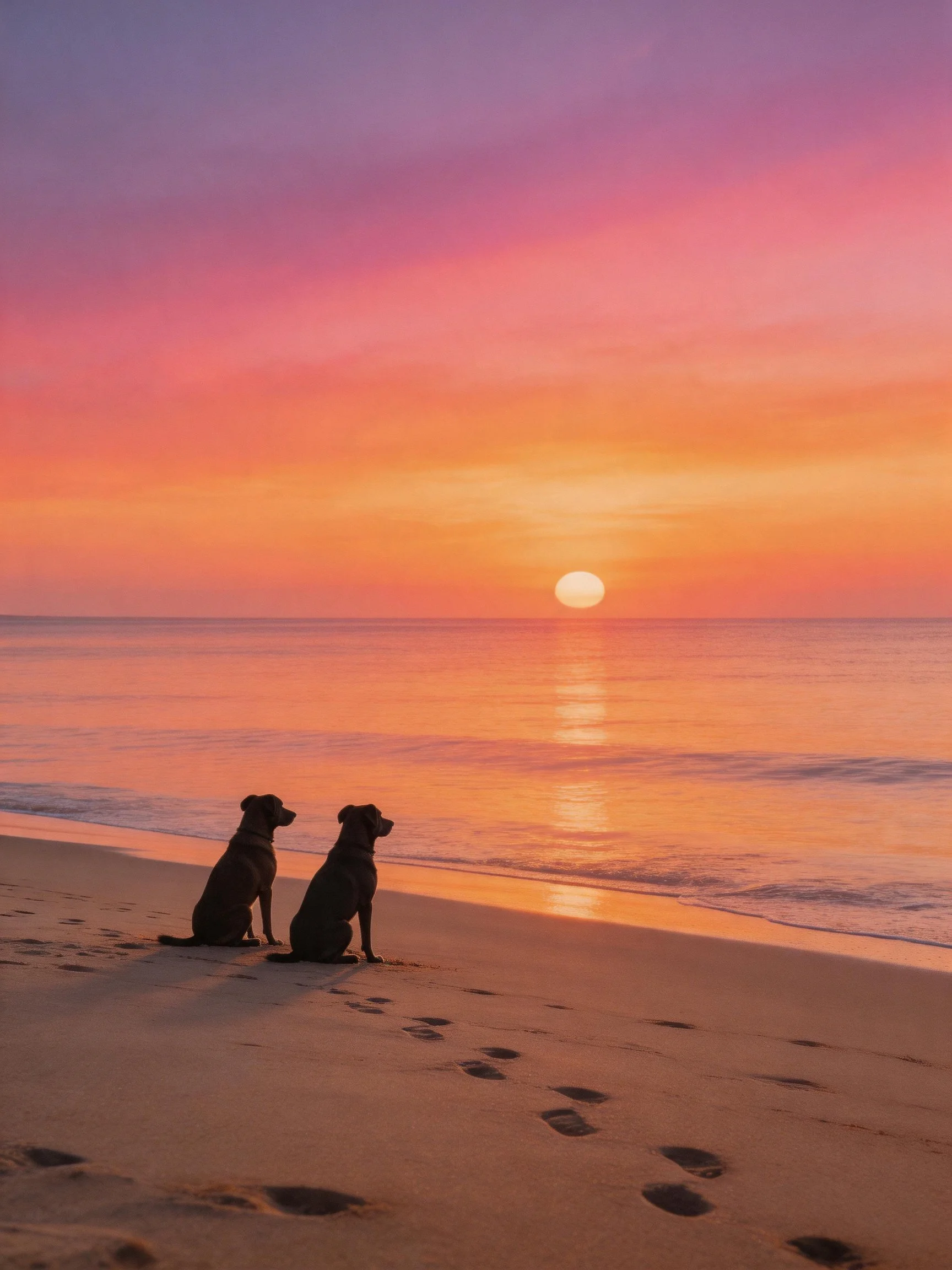 Two dogs observe a colorful sunset over the ocean from a sandy beach.