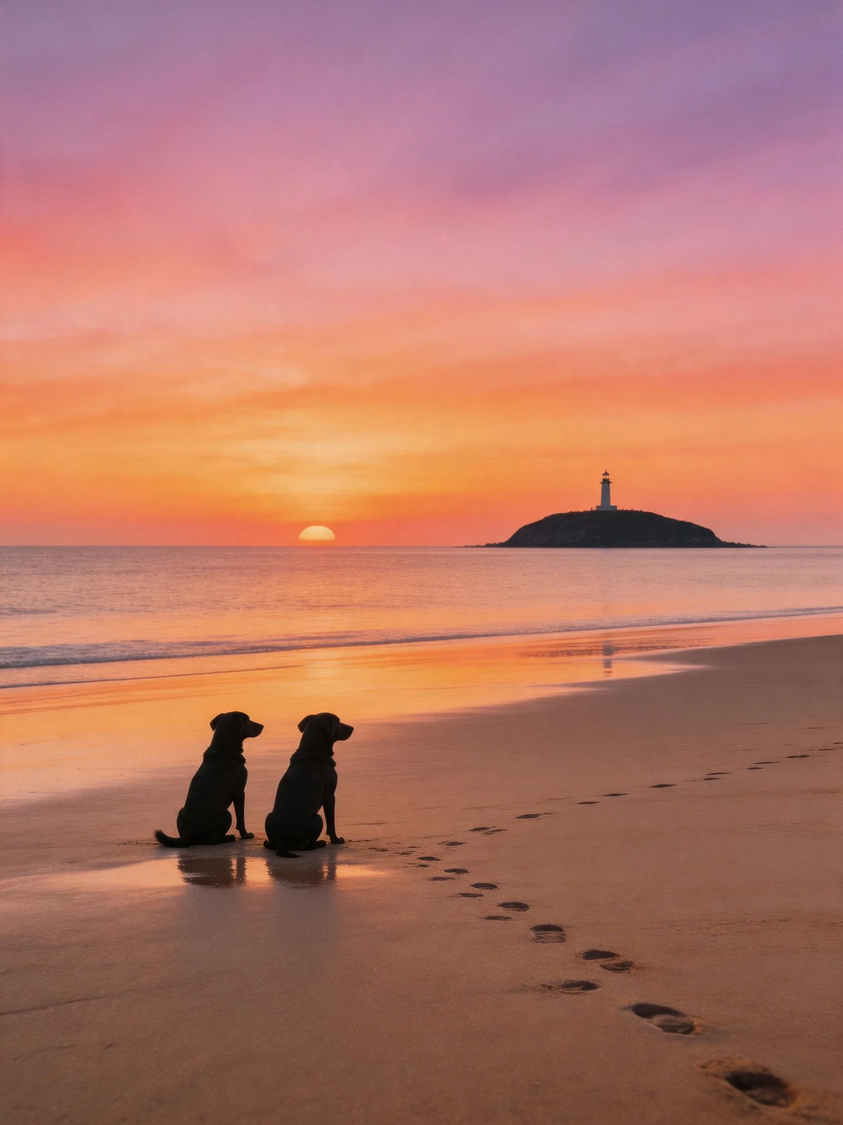 Two dogs sit on a sandy beach viewing the sunset near a distant lighthouse.