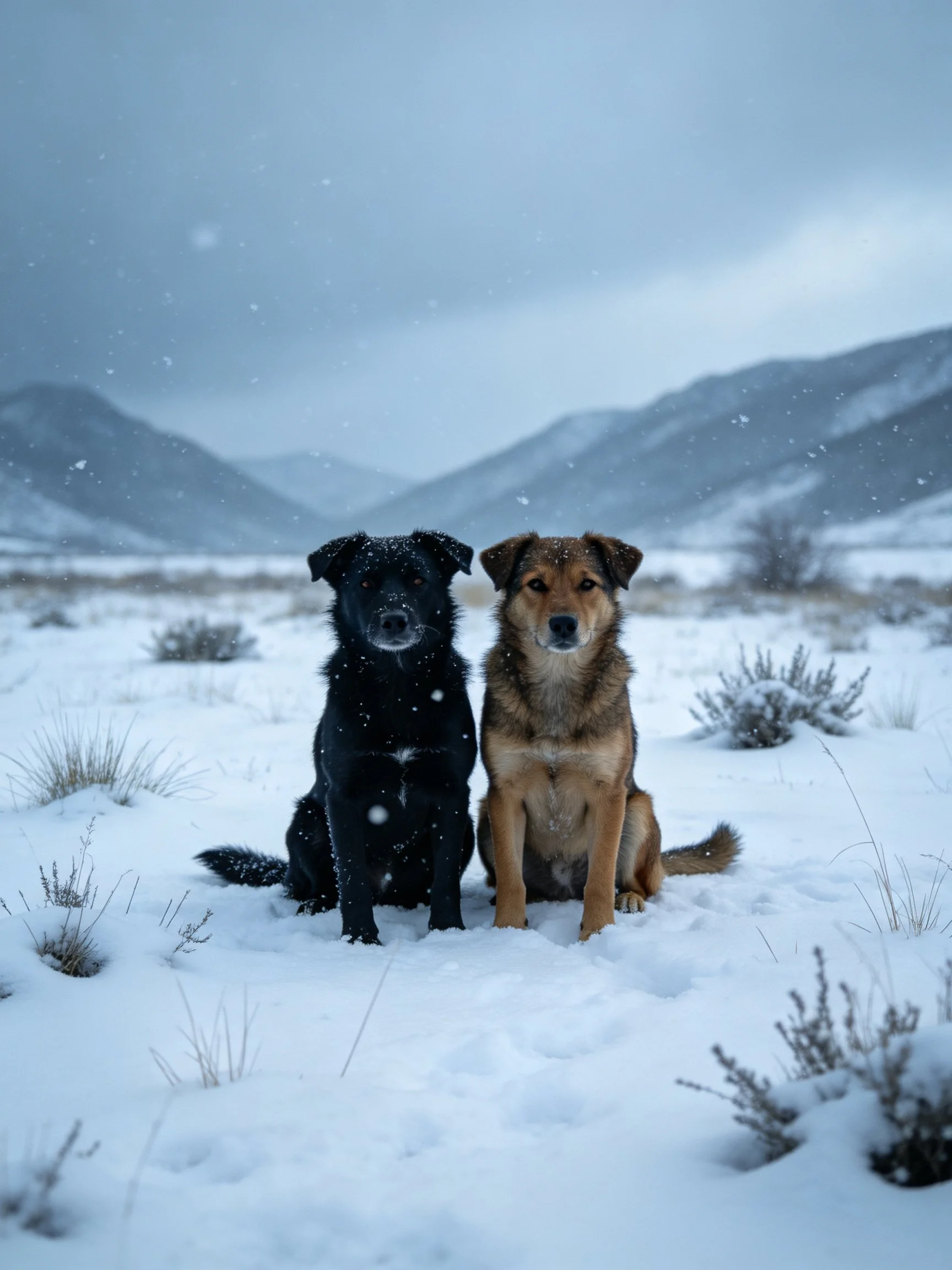 Two dogs sit together in a snowy mountain landscape during snowfall.