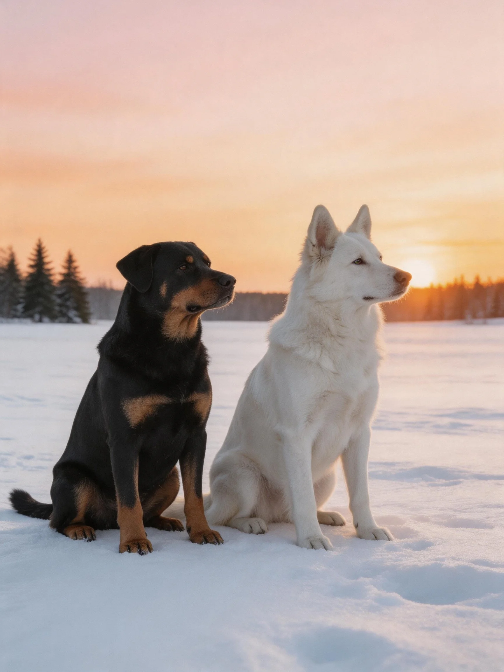 Two dogs sit together on snow as the sun sets