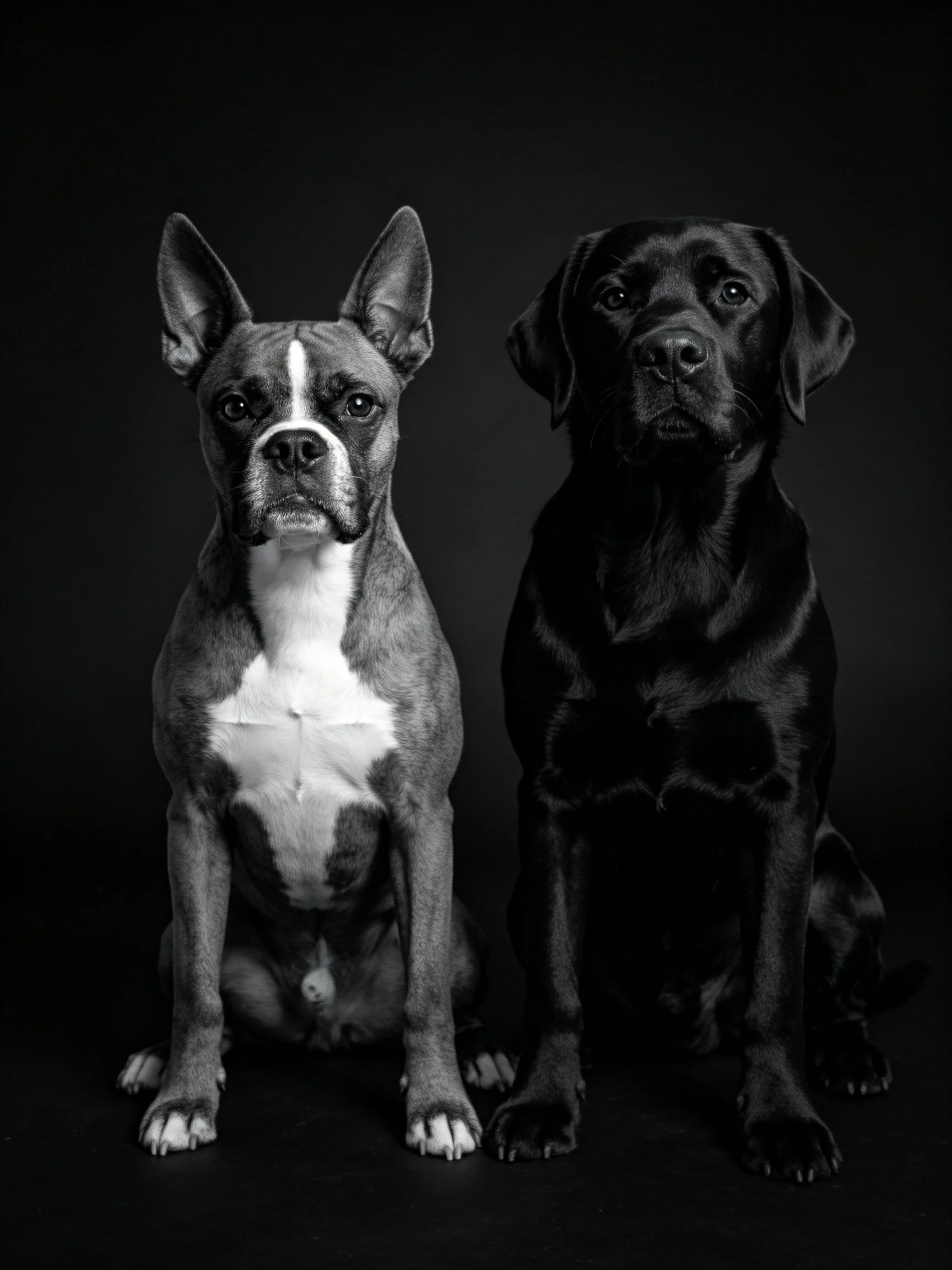 Two dogs sit side by side, one gray and white, the other solid black, in a dark setting.