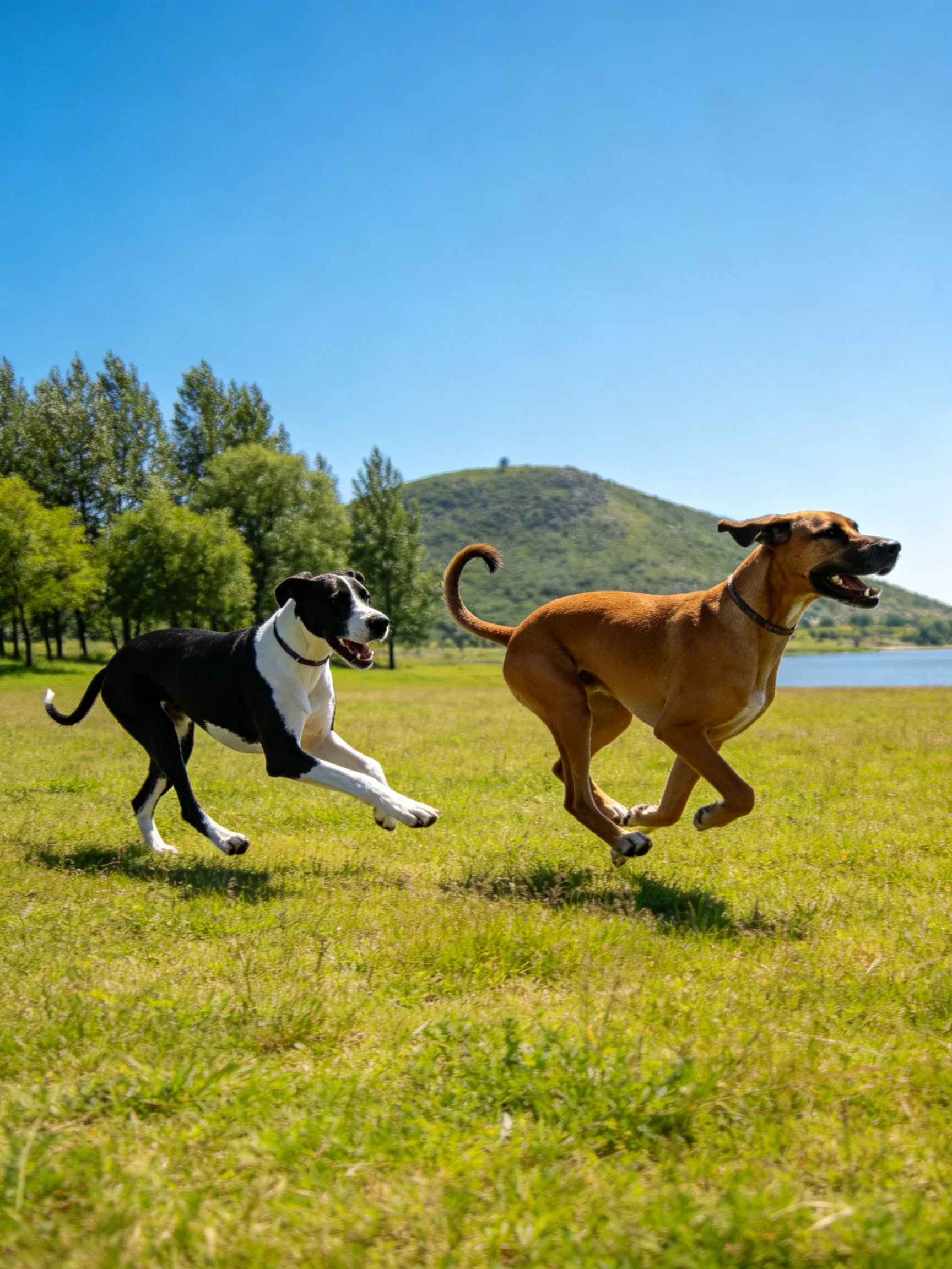 Two dogs run energetically on a sunlit grassy field with natural scenery.