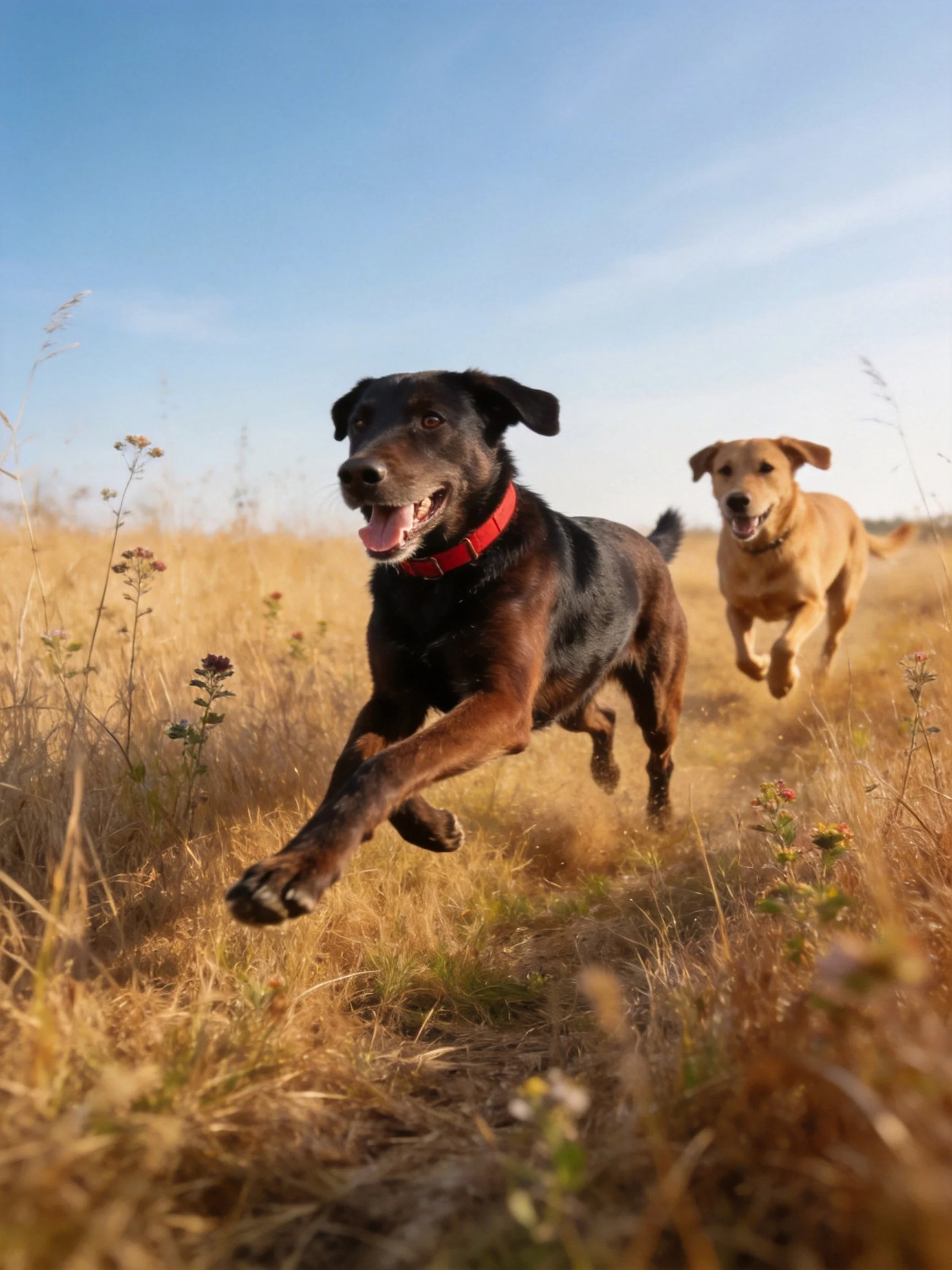 Two dogs run energetically through tall golden grass in an open field.