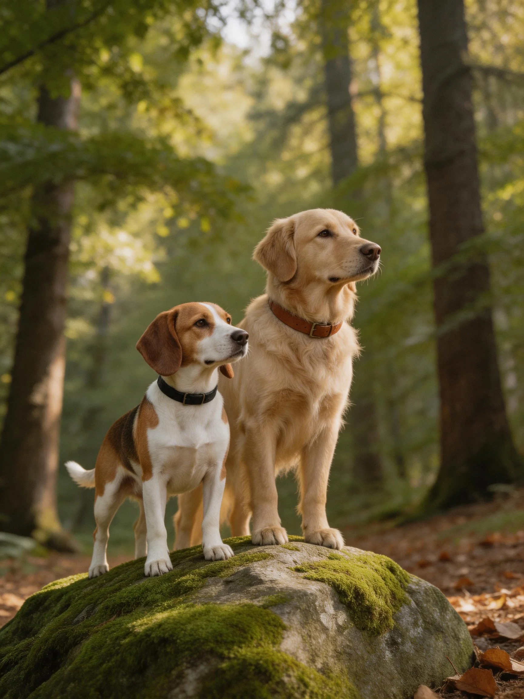 Two dogs stand on a mossy rock in a sunlit forest, gazing into the distance.