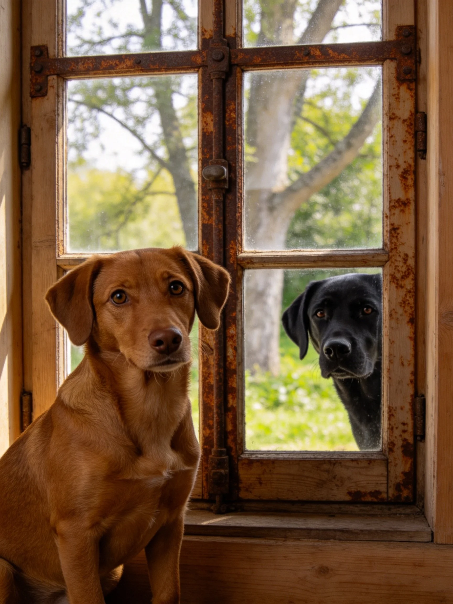 Two dogs, one tan and one black, sit by a rustic wooden window with trees outside.