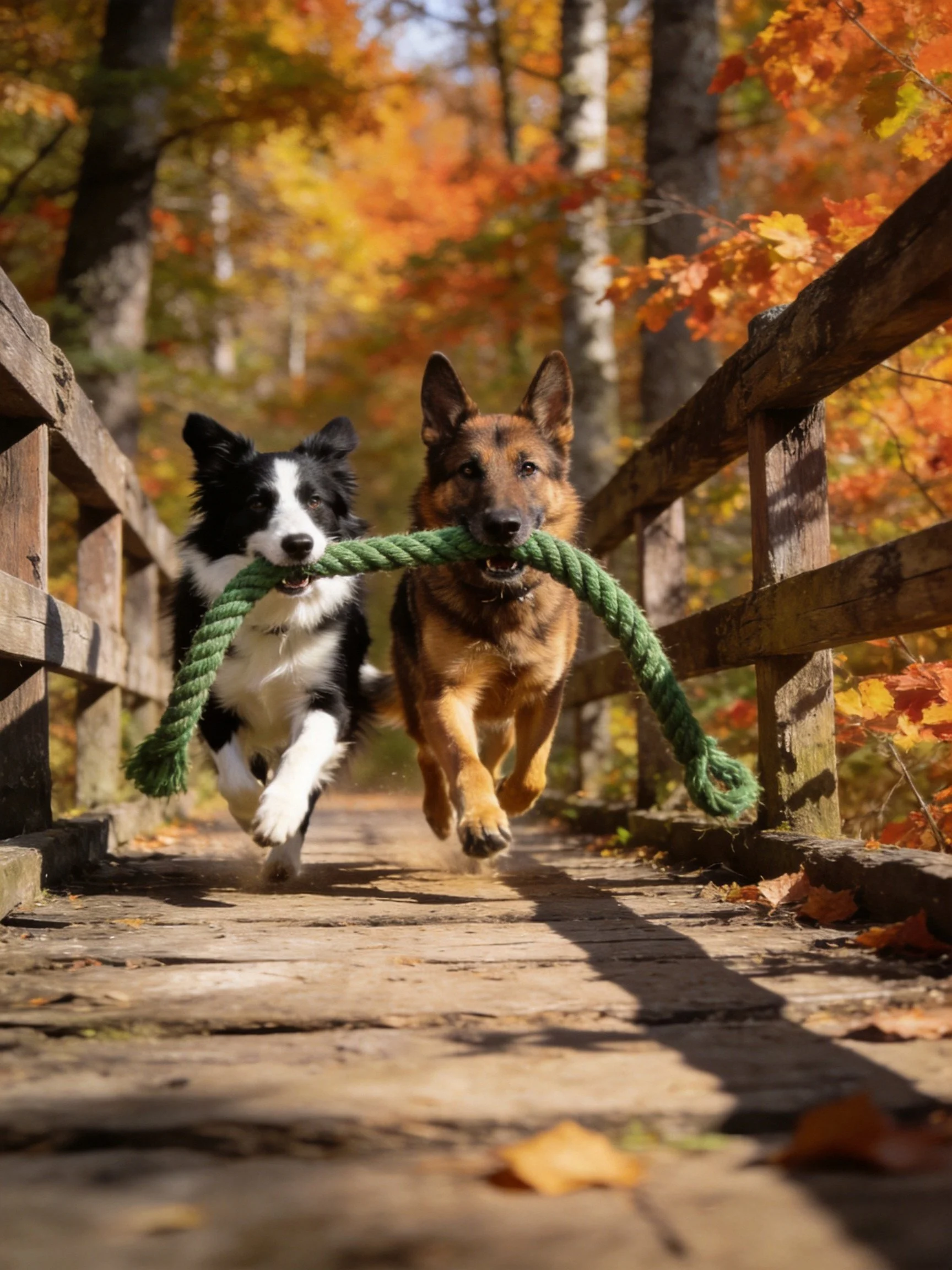 Two dogs run together pulling a green rope toy on a wooden bridge amid autumn foliage.