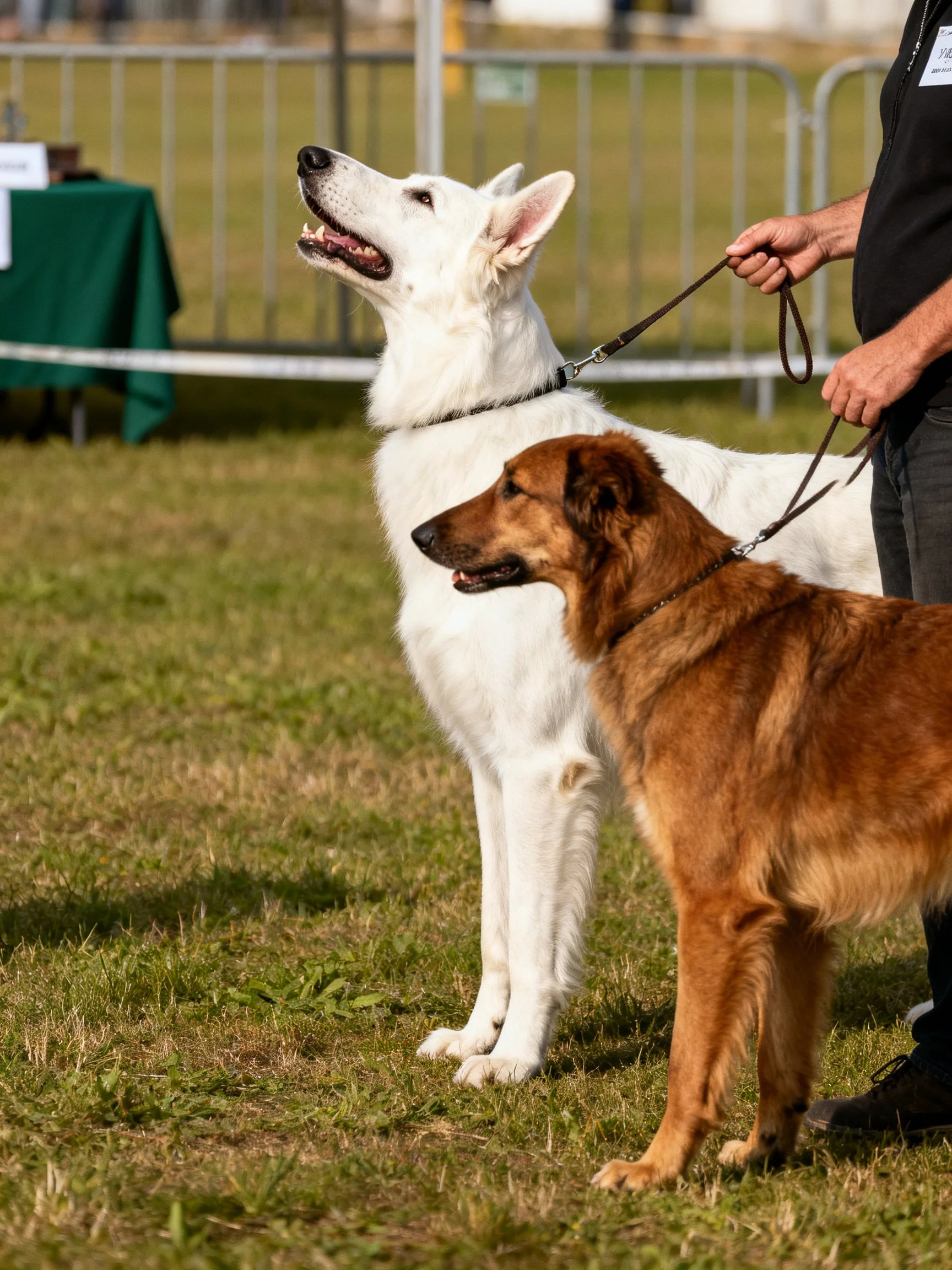 Two dogs, white and brown, leashed near a handler on grass