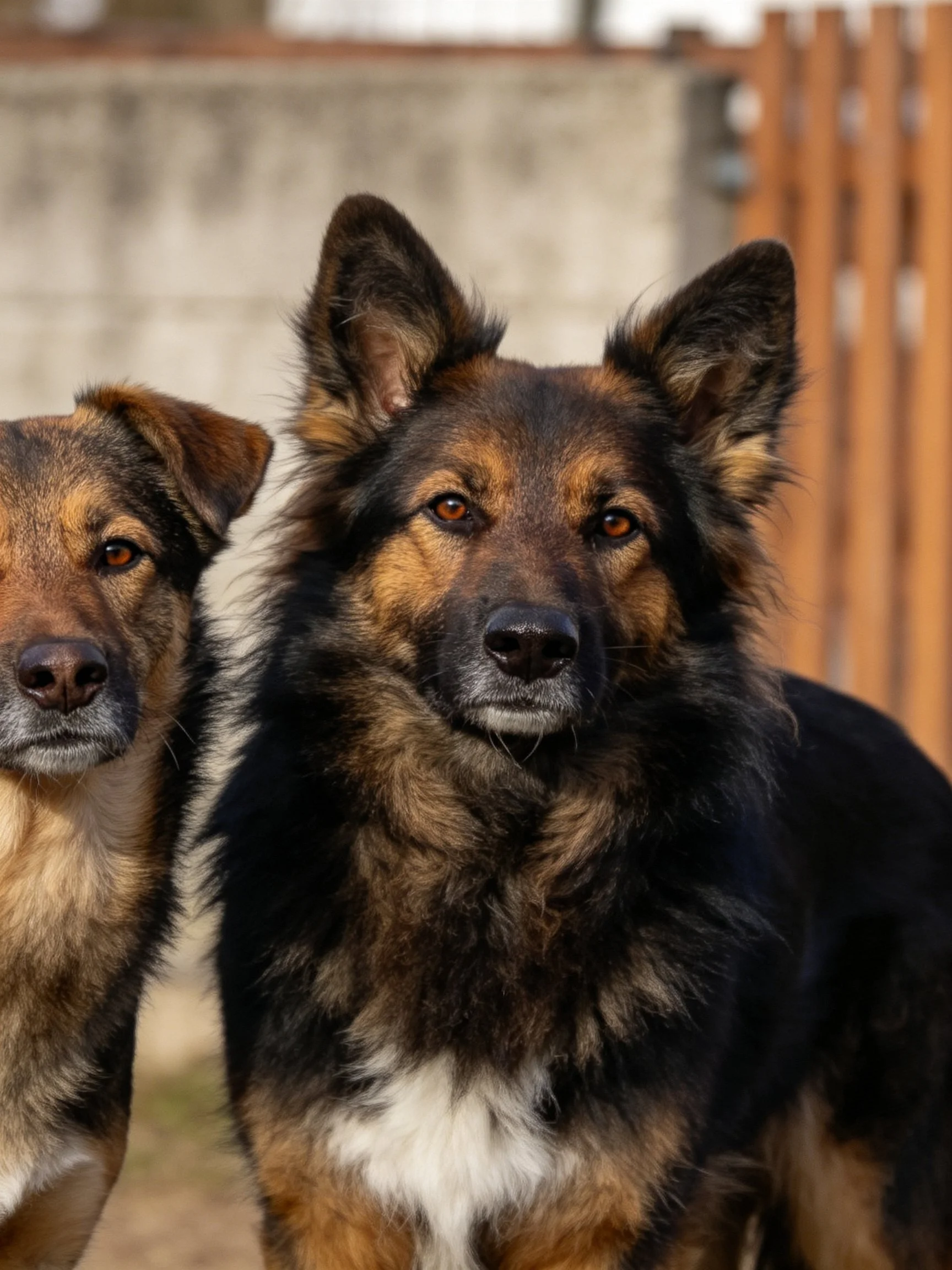 Two dogs with black, tan, and white coats stand close together outdoors.