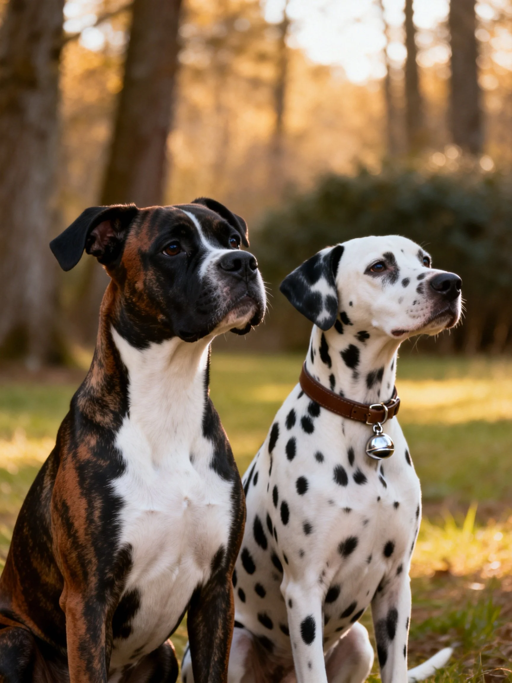 Two dogs with contrasting coats sit in a sunlit forest