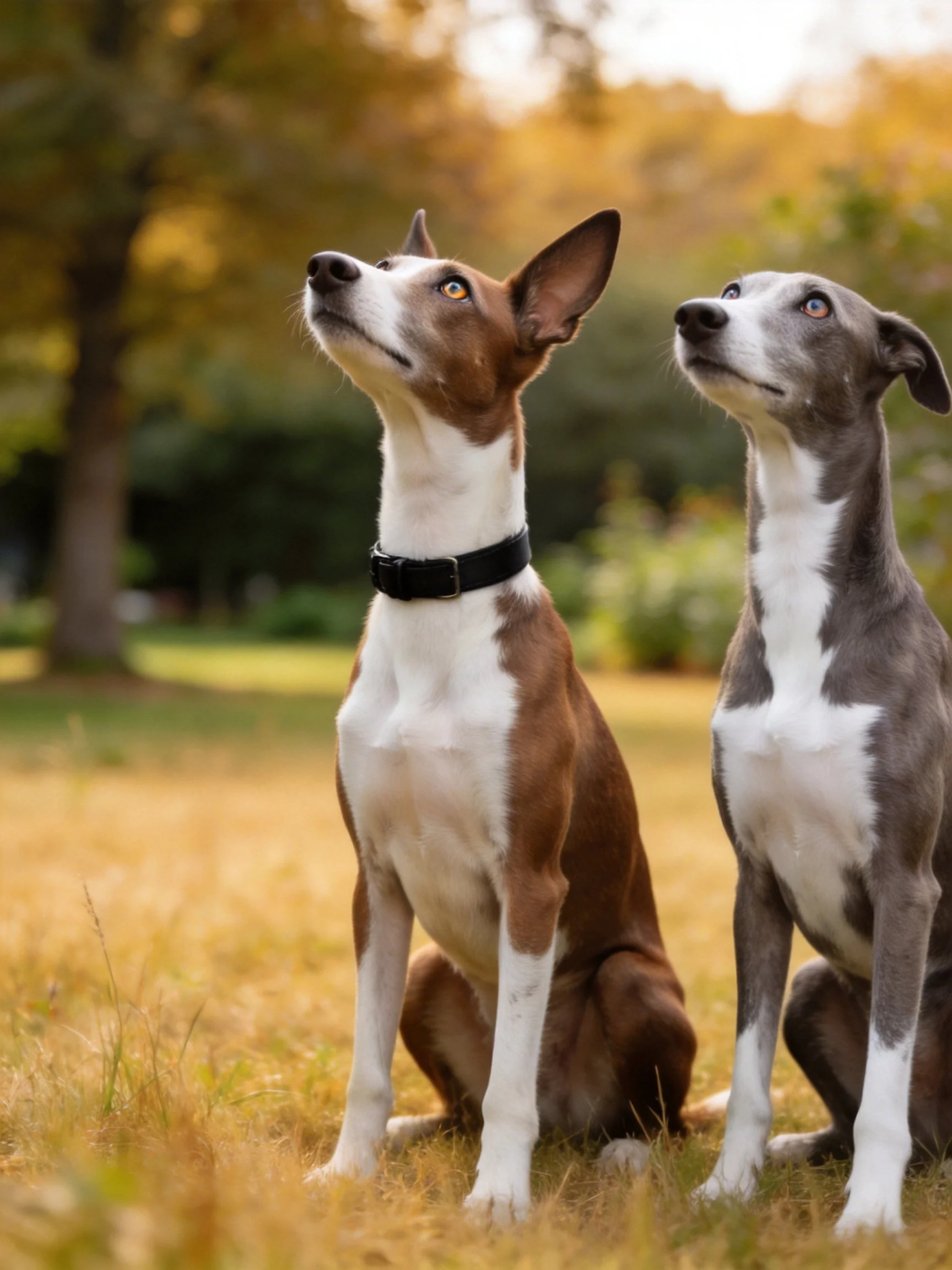 Two dogs with contrasting coats sit in a sunlit grassy area