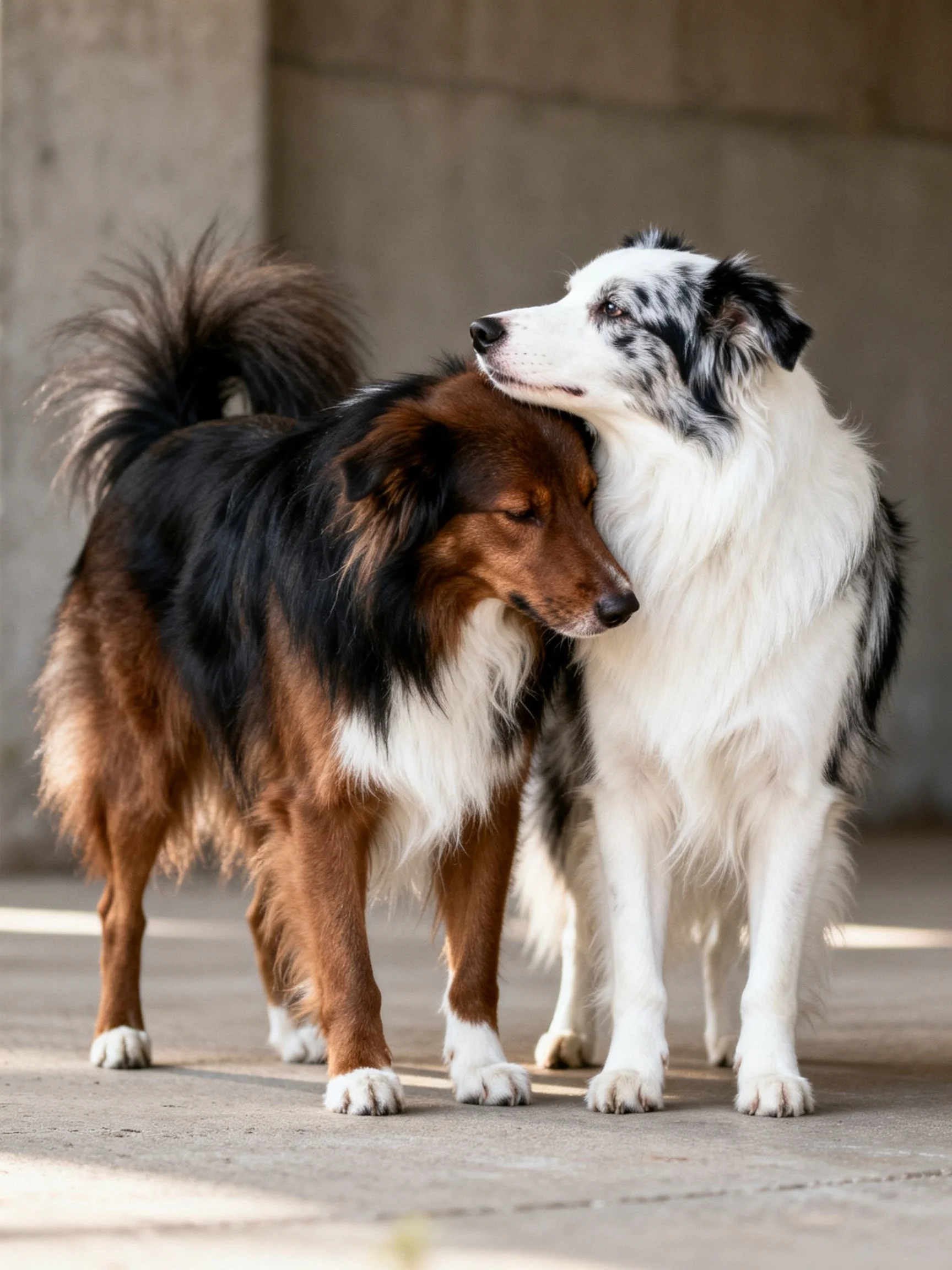 Two dogs nuzzle each other in a concrete indoor area.
