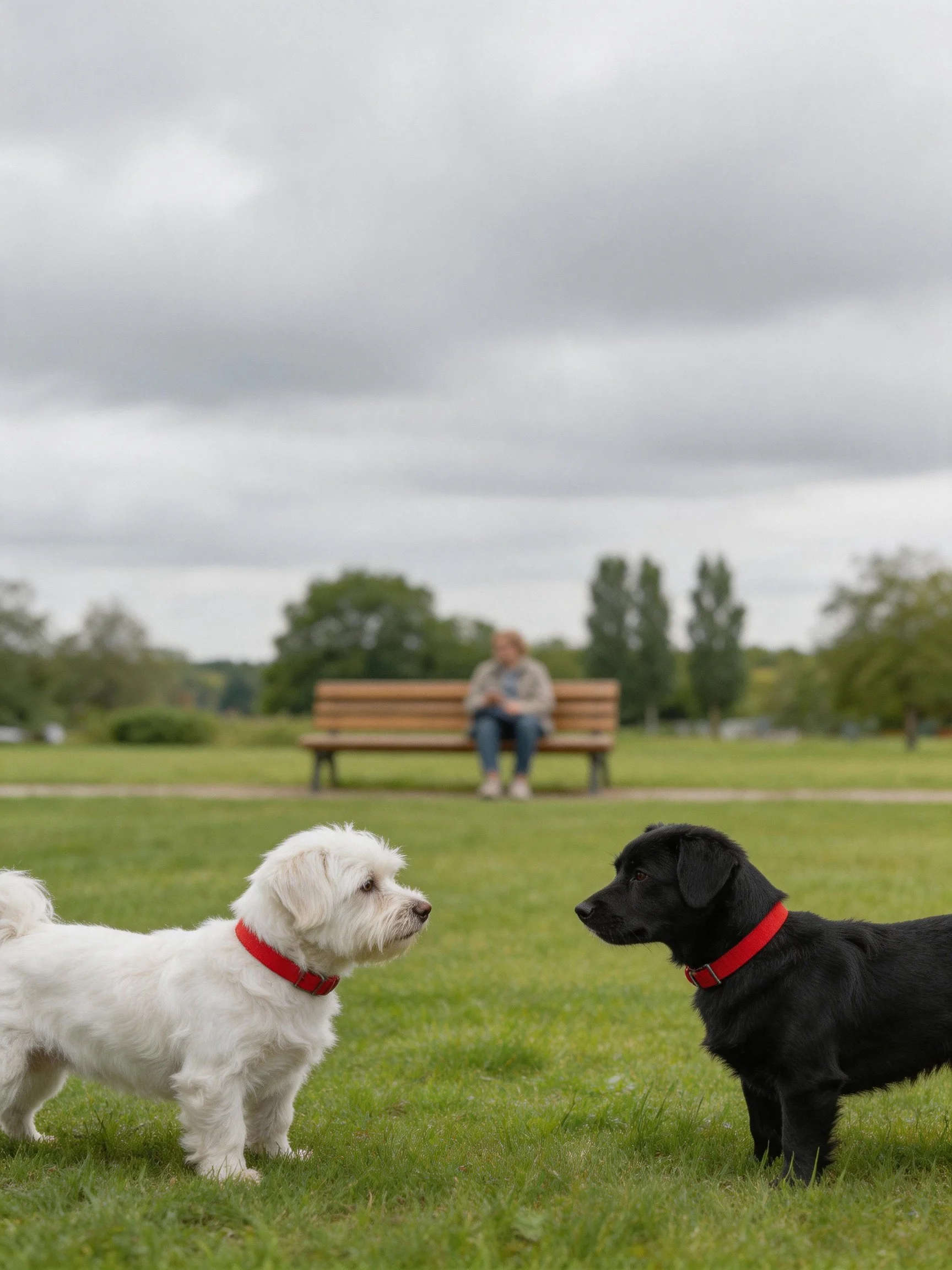 Two dogs with red collars interact in a grassy park near a bench