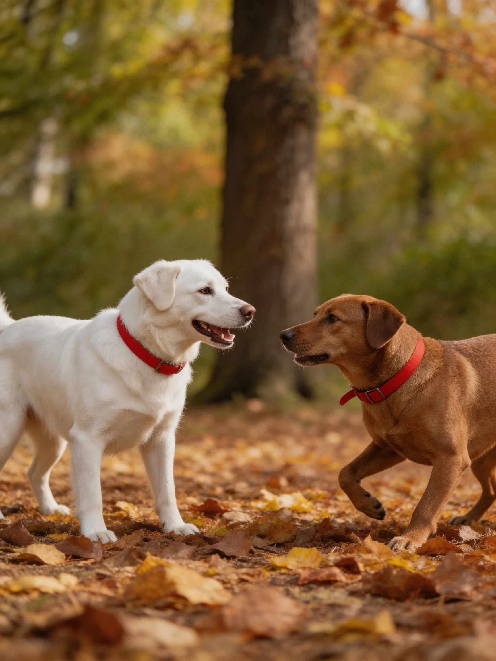 Two dogs with red collars interact playfully on a bed of autumn leaves in a forest