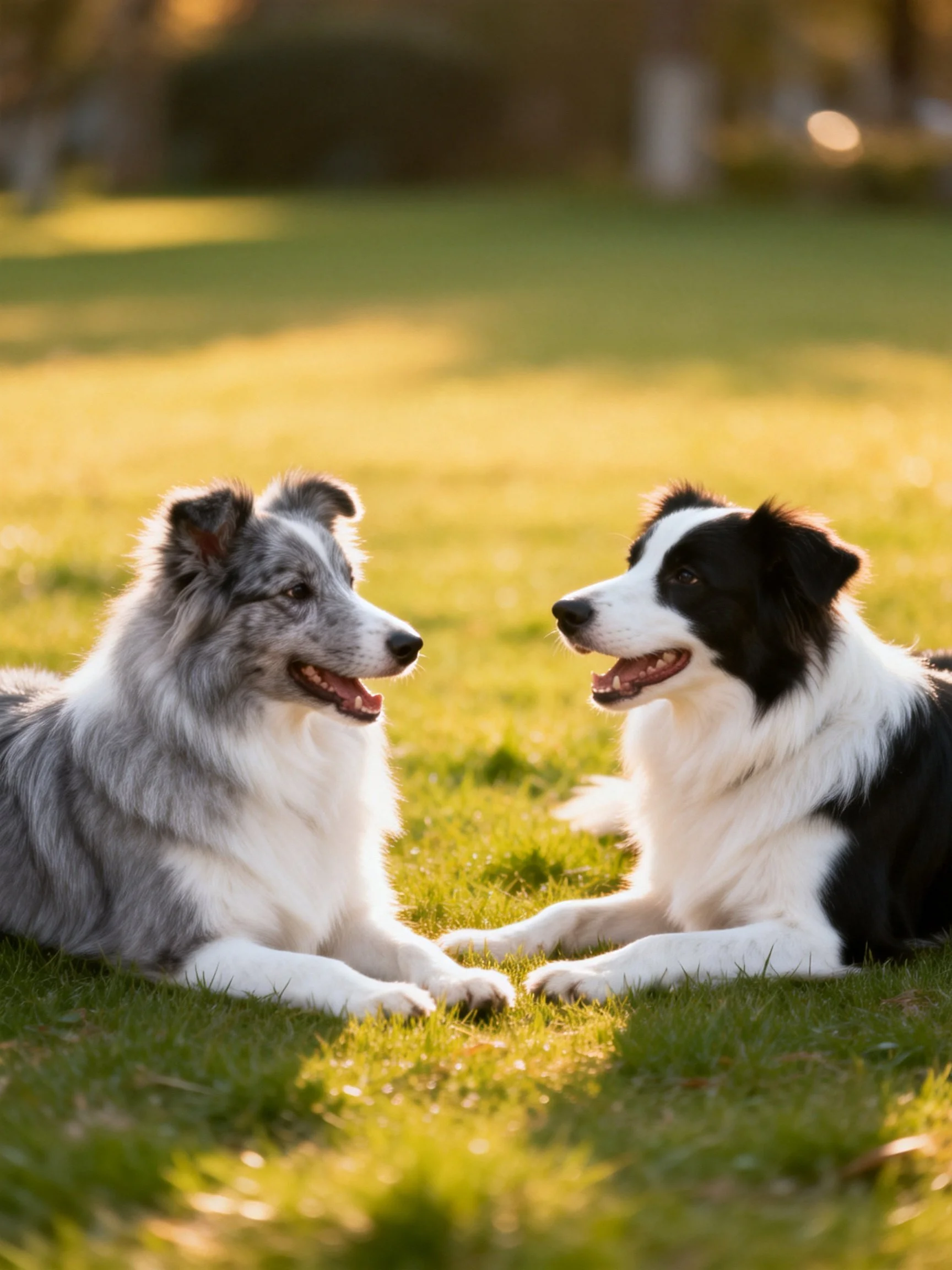 Two dogs interact while lying on grass in a sunlit area.